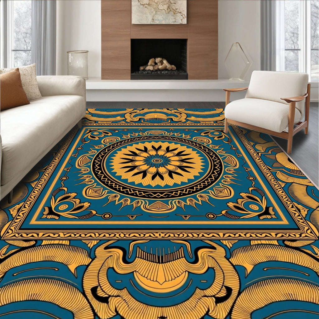 Bold Teal Gold Mandala Pattern Design Rug