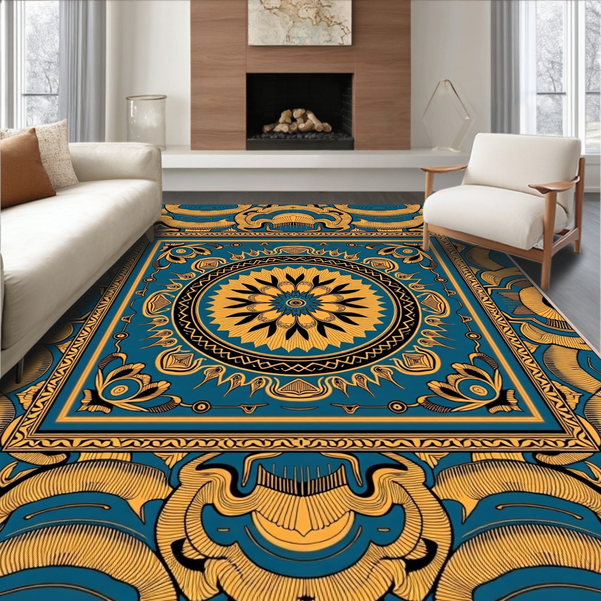 Bold Teal Gold Mandala Pattern Design Rug