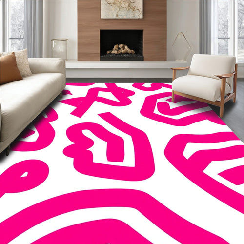 Abstract Pink White Curve Pattern Rug