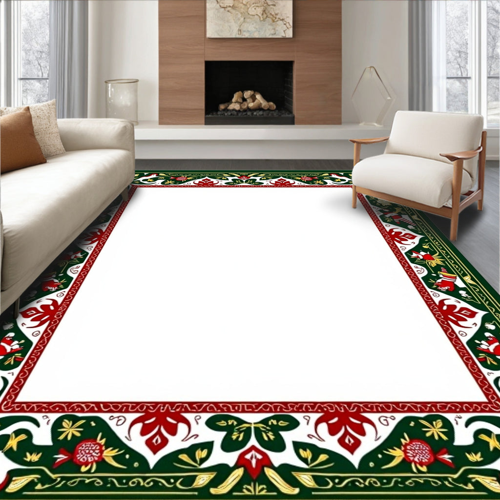Intricate Green Red Floral Border Rug