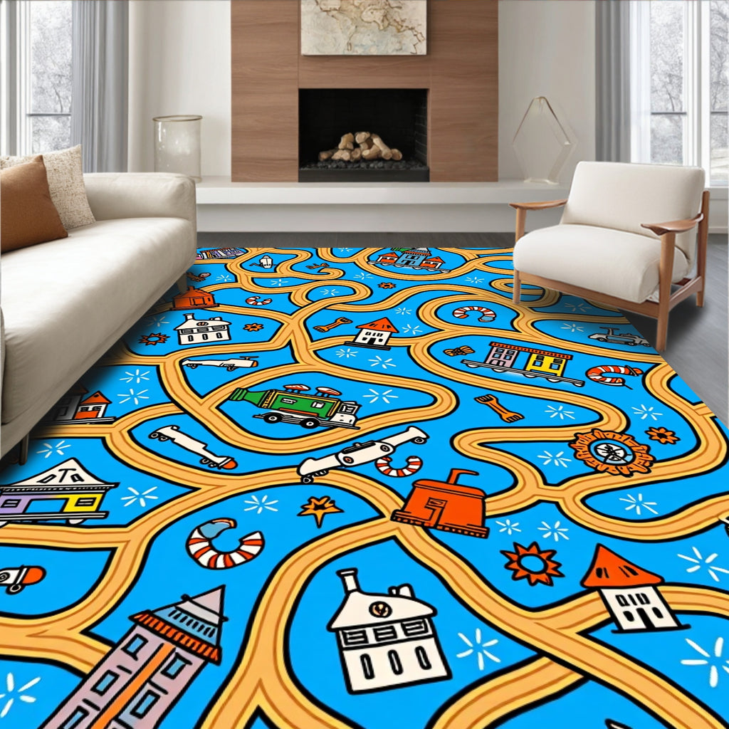 Whimsical Town Train Track Adventure Rug