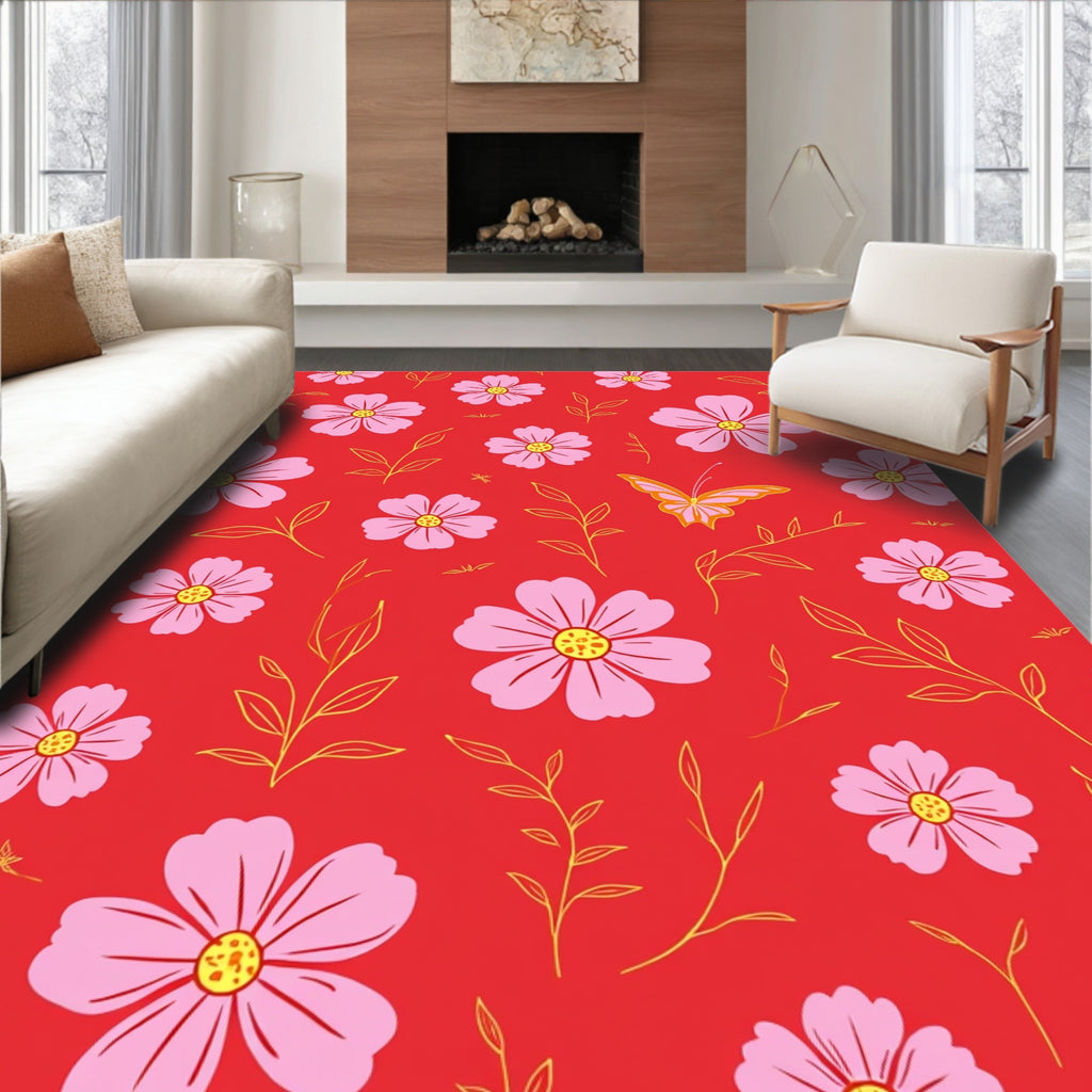 Pink Floral Whimsical Butterfly Design Rug