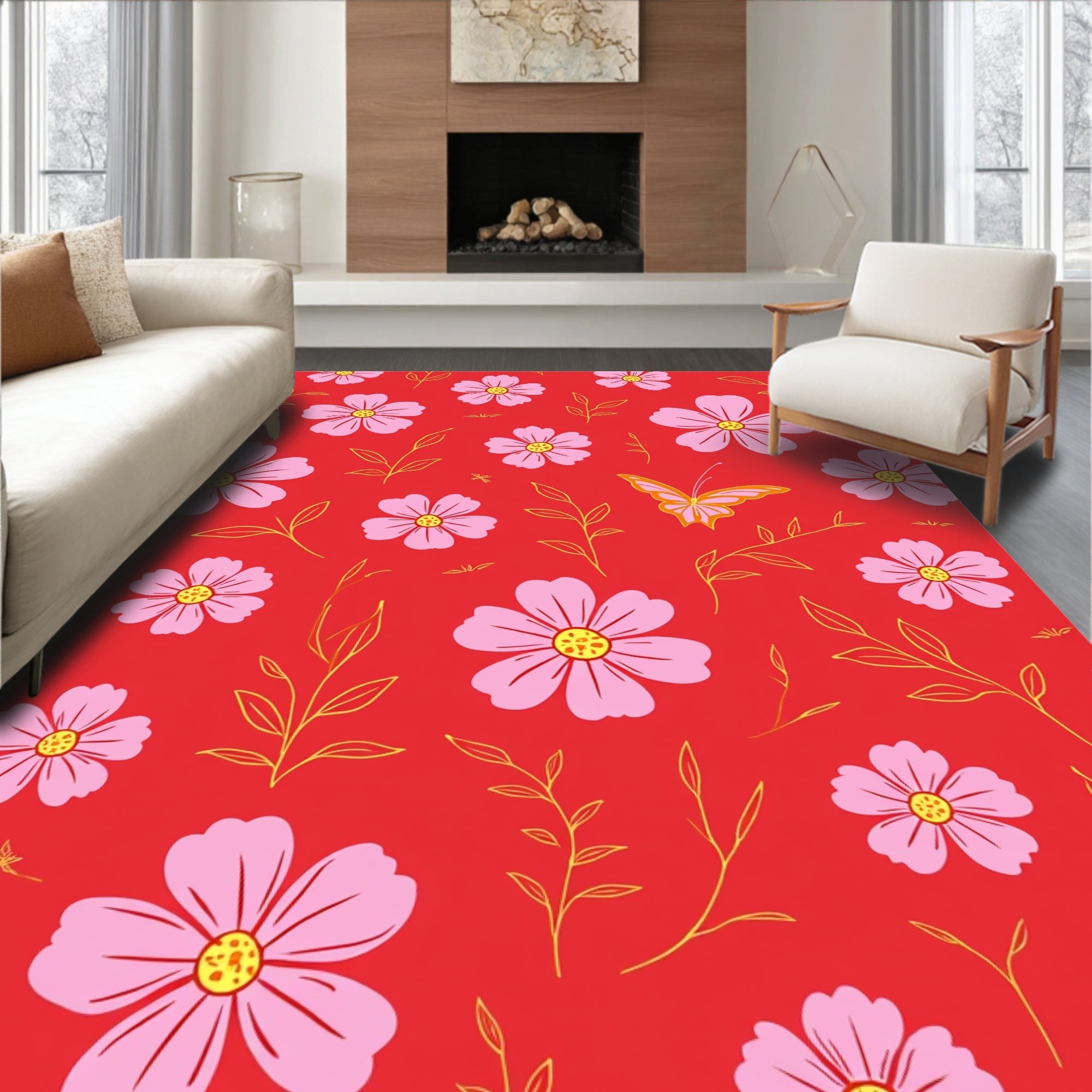 Pink Floral Whimsical Butterfly Design Rug