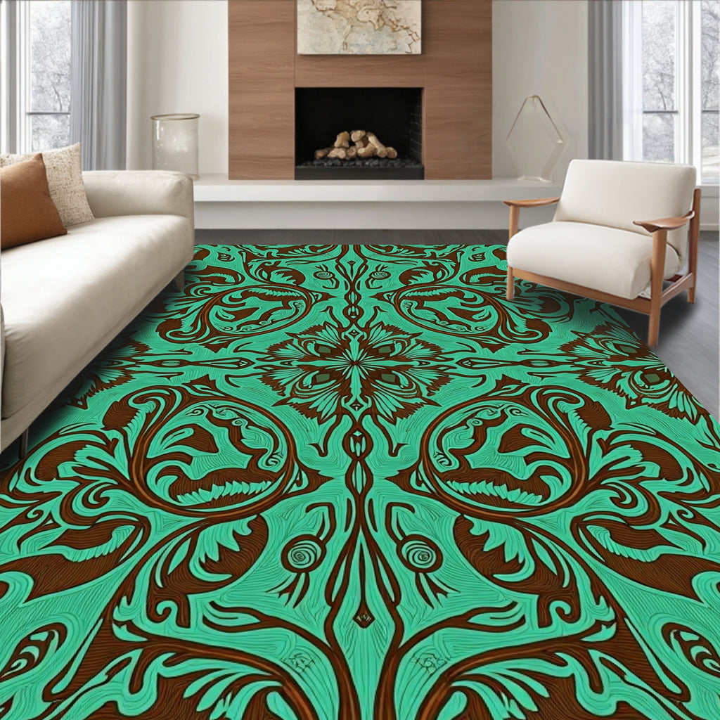 Turquoise Brown Floral Scroll Medallion Rug
