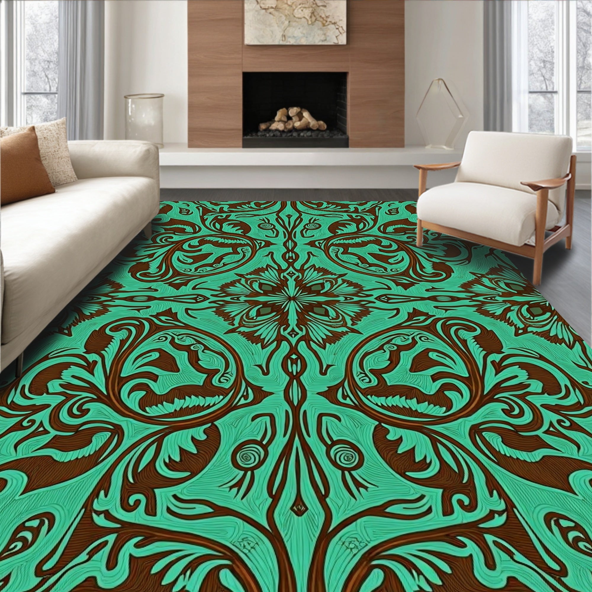 Turquoise Brown Floral Scroll Medallion Rug