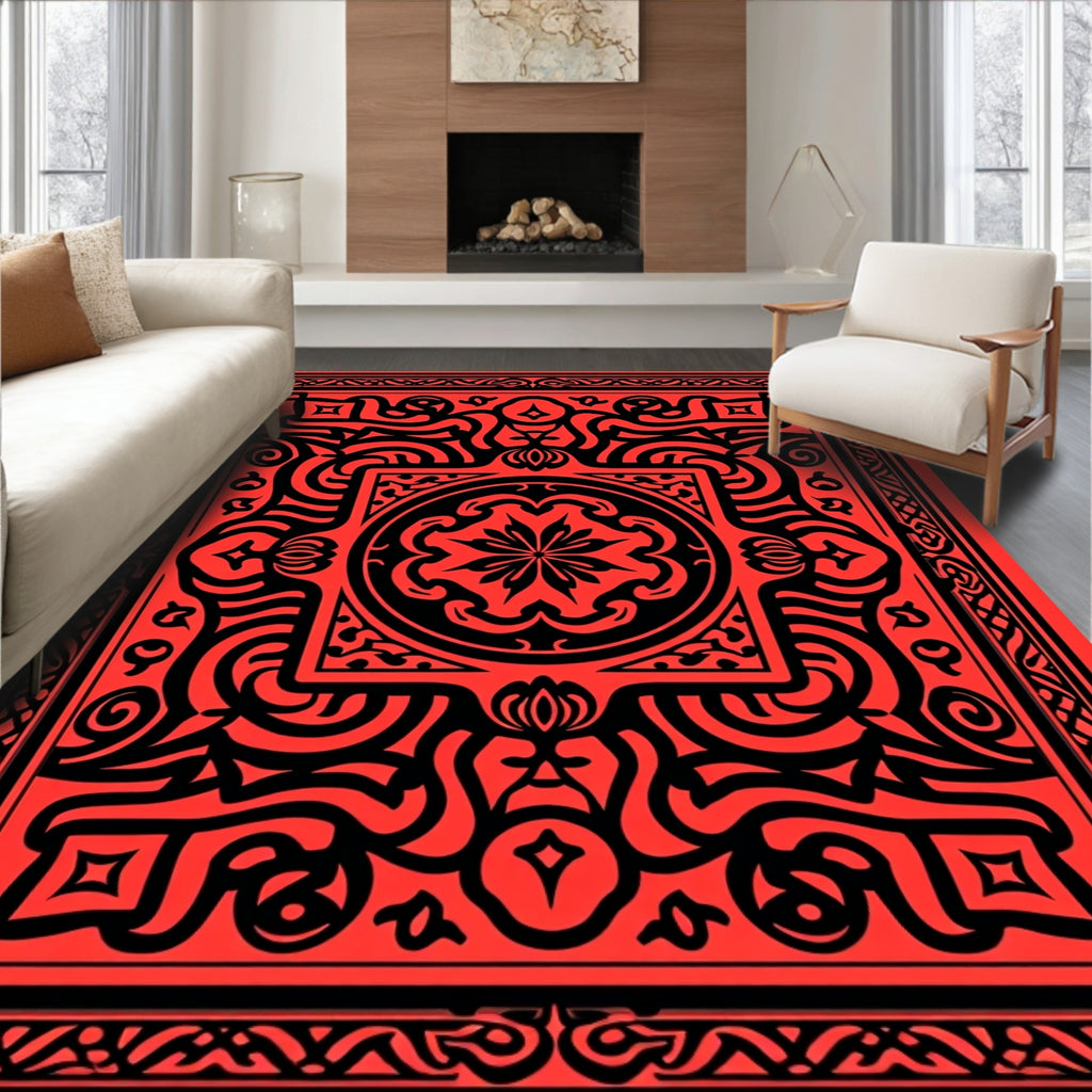 Intricate Black And Red Floral Pattern Rug