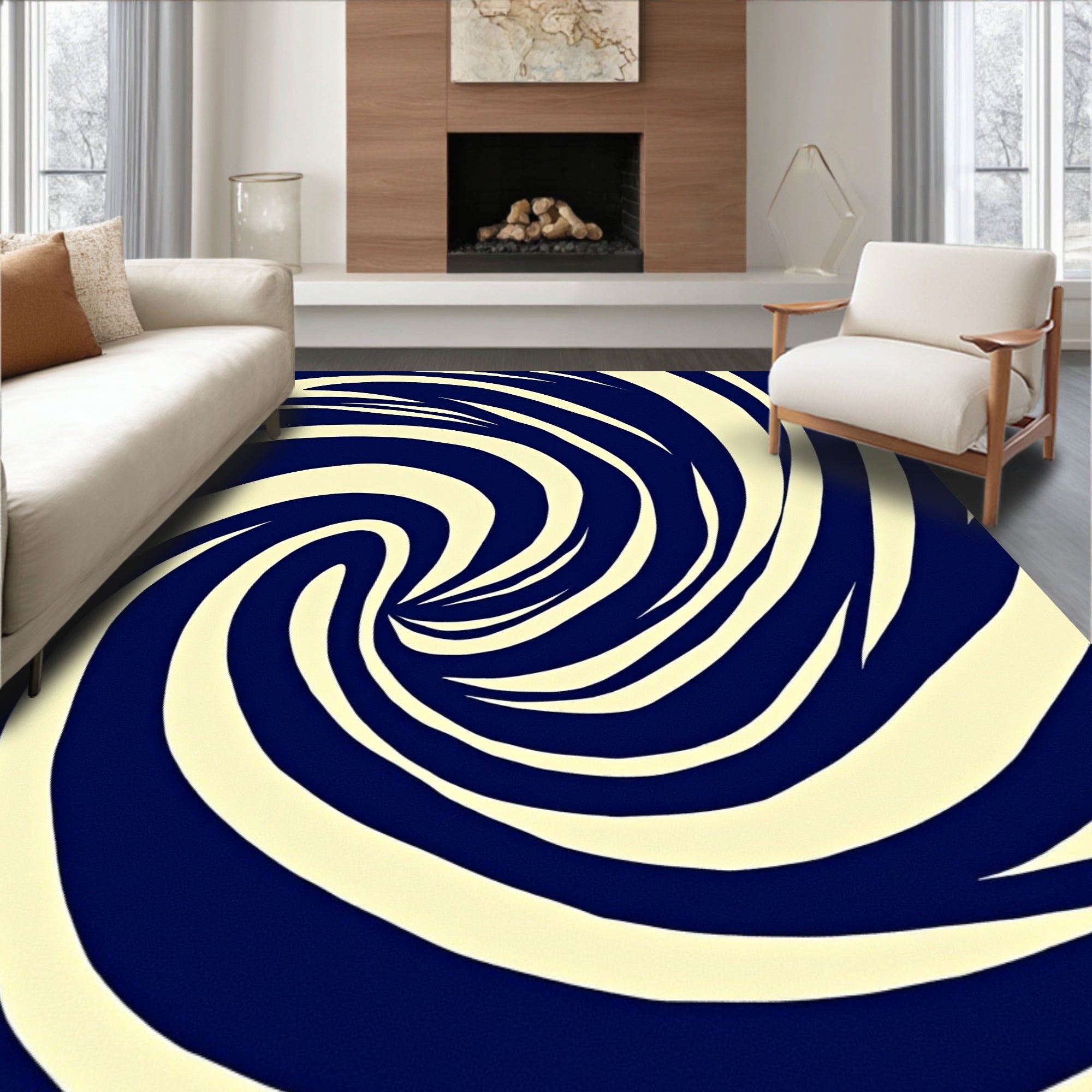 Deep Blue Cream Swirl Vortex Rug