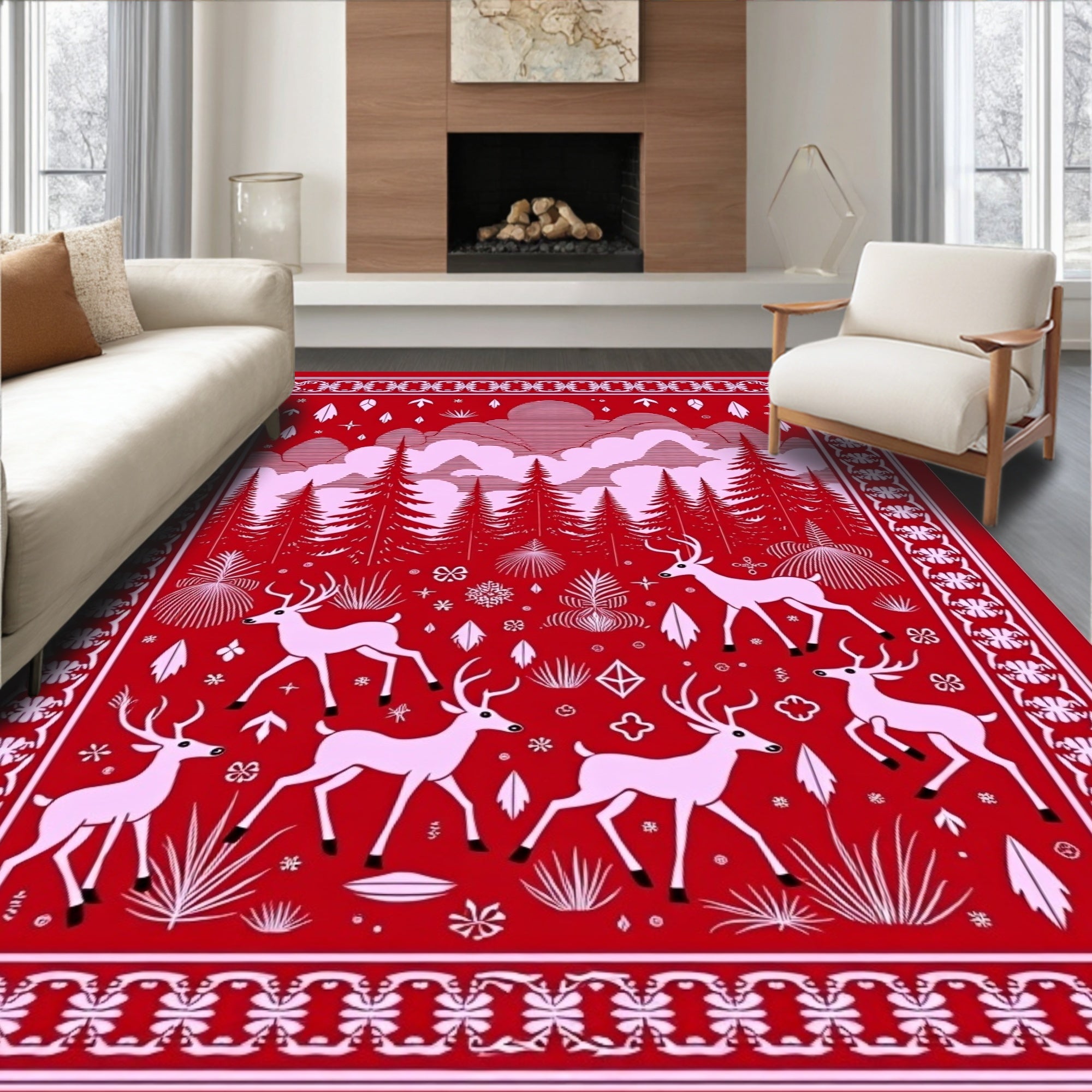 Crimson Whimsical Forest Deer Scene Rug