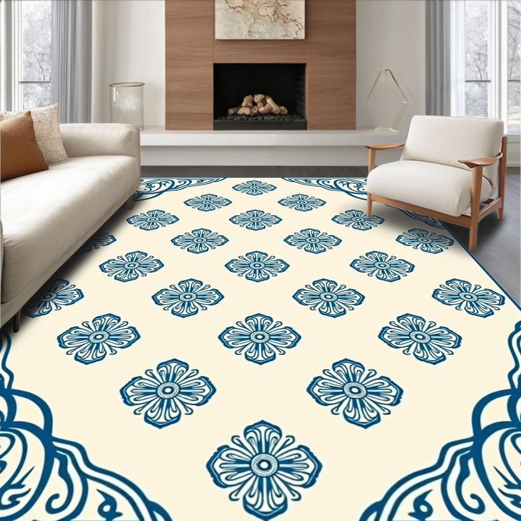 Ornate Blue Floral Patterned Rug