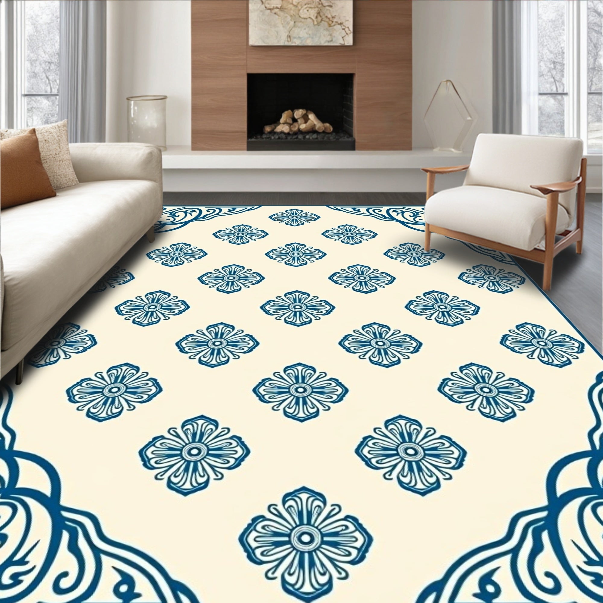 Ornate Blue Floral Patterned Rug