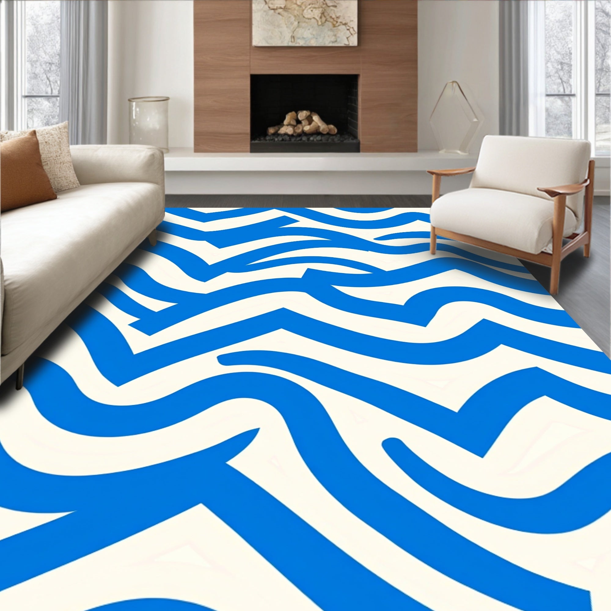 Bold Blue Abstract Wave Pattern Rug