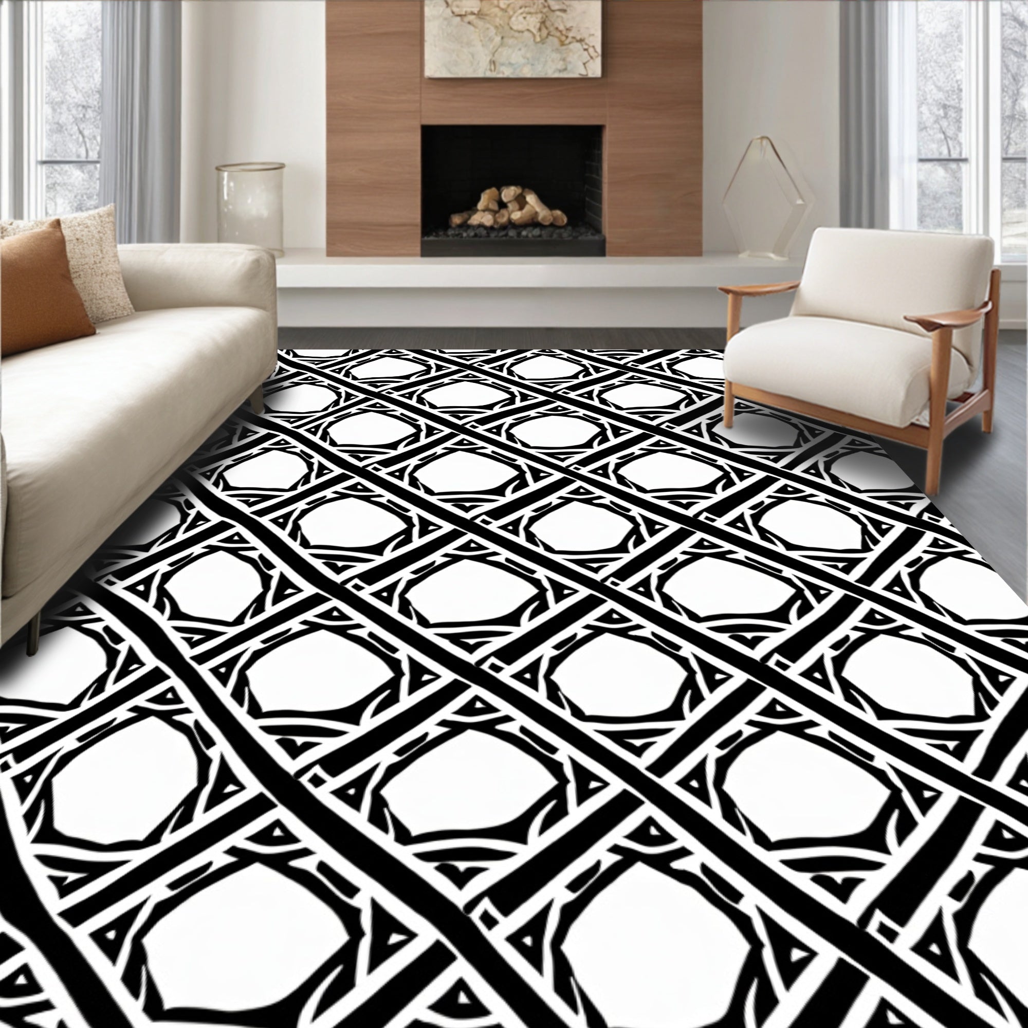 Bold Black White Interlocking Geometric Pattern Rug