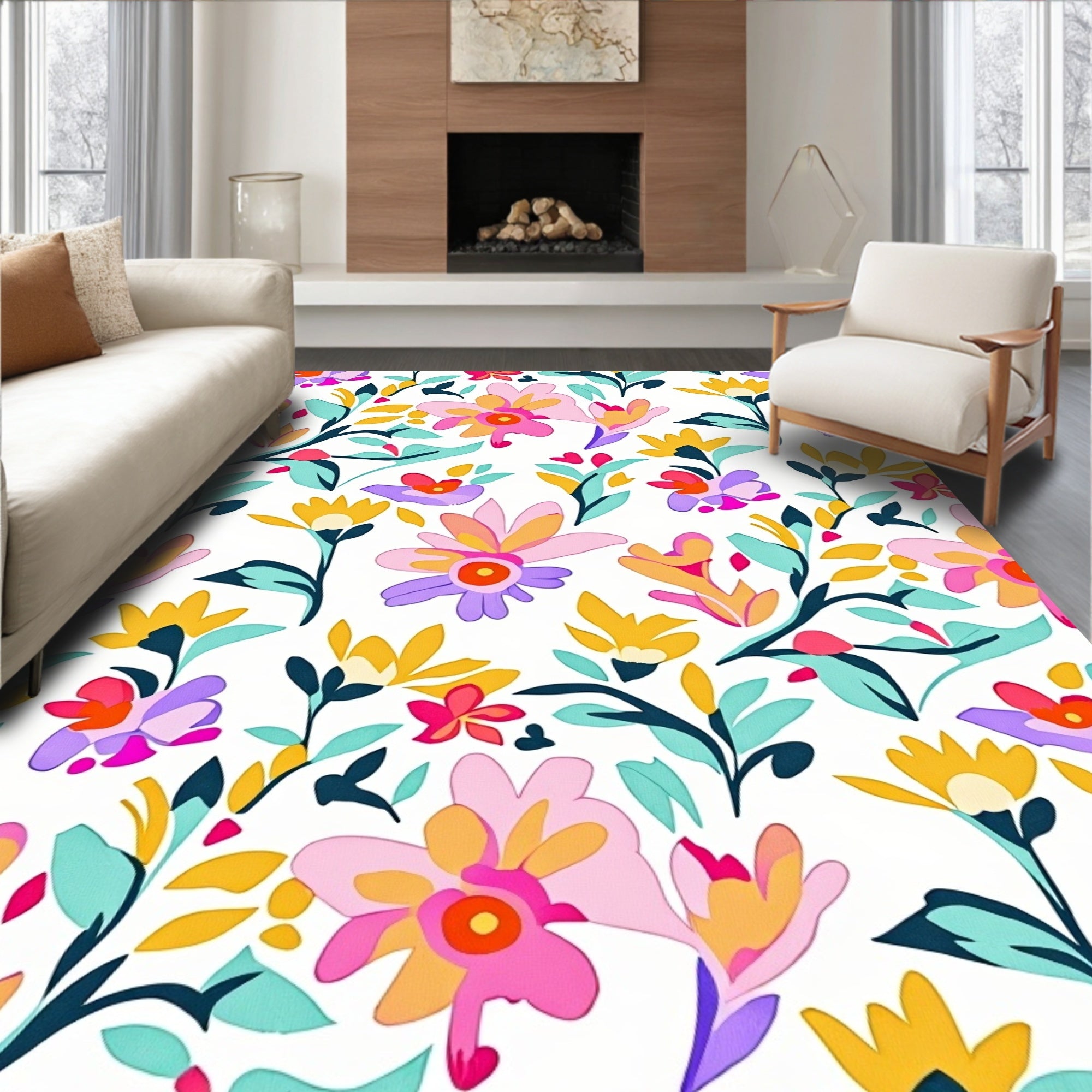 Bold Whimsical Floral Pattern Rug