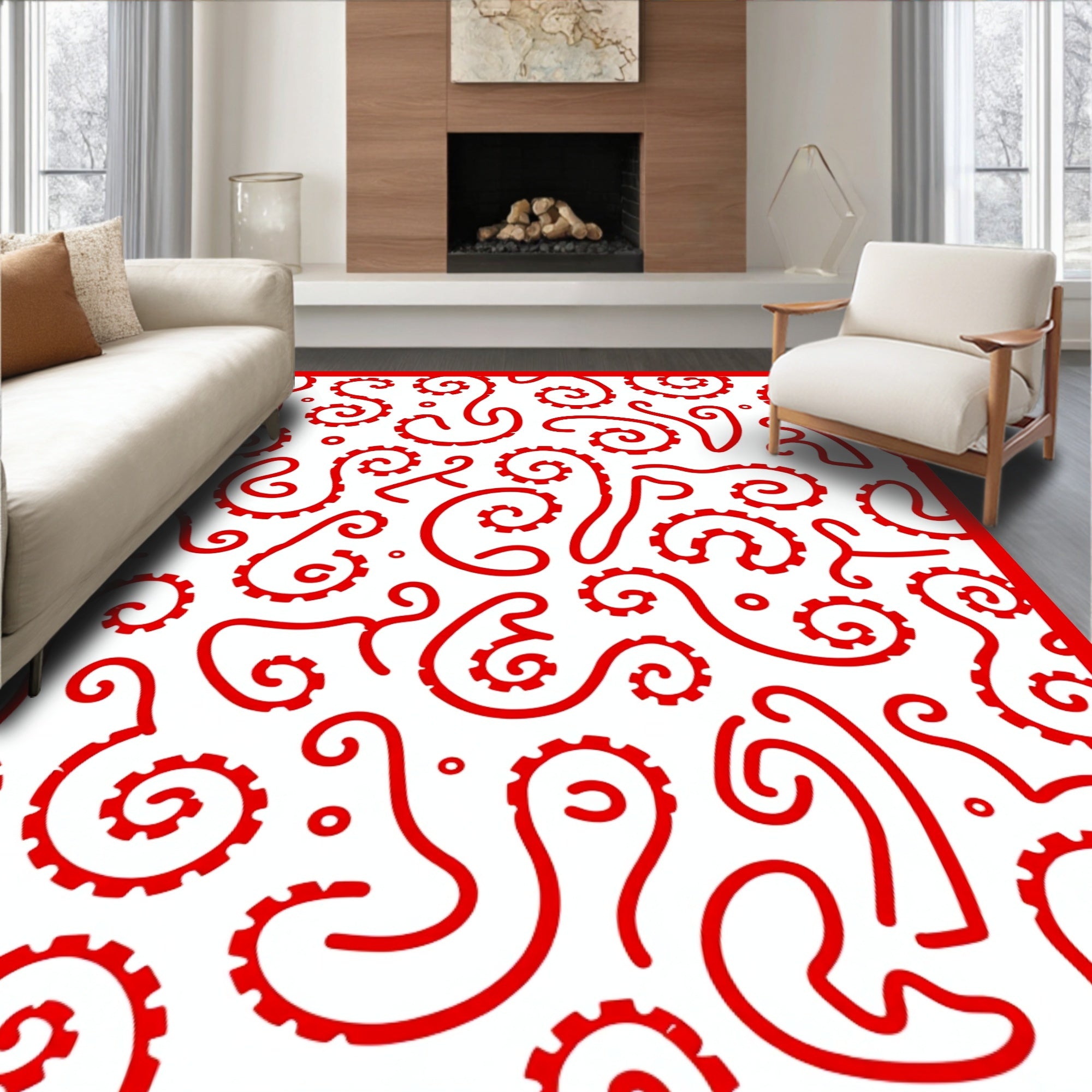 Crimson Tentacle Swirl Abstract Rug