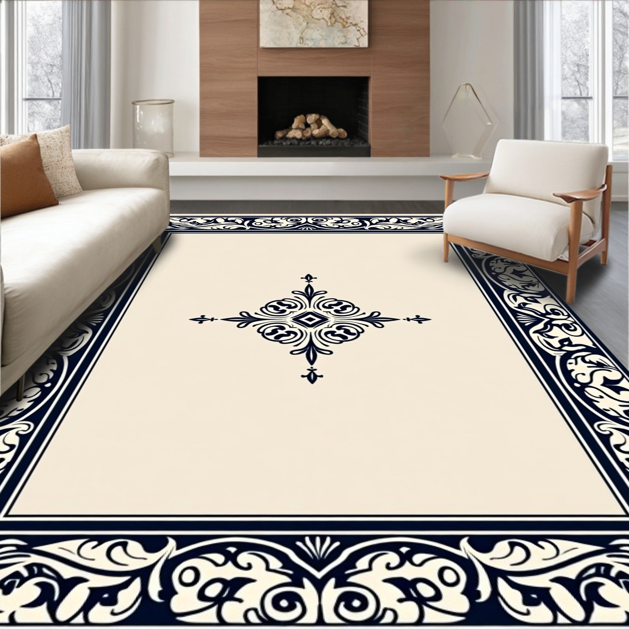Elegant Dark Blue Scrollwork Border Design Rug