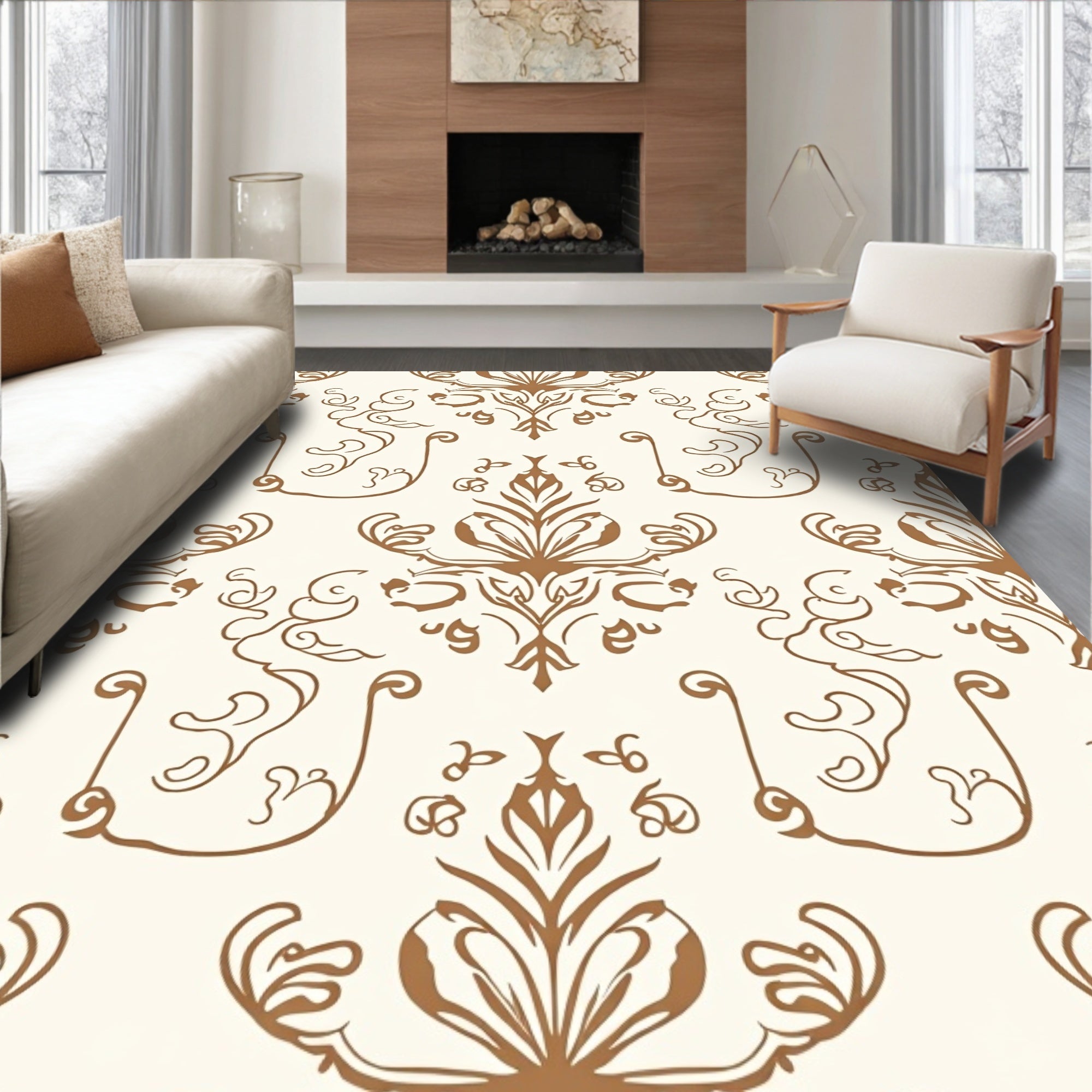 Antique Brown Floral Damask Design Rug