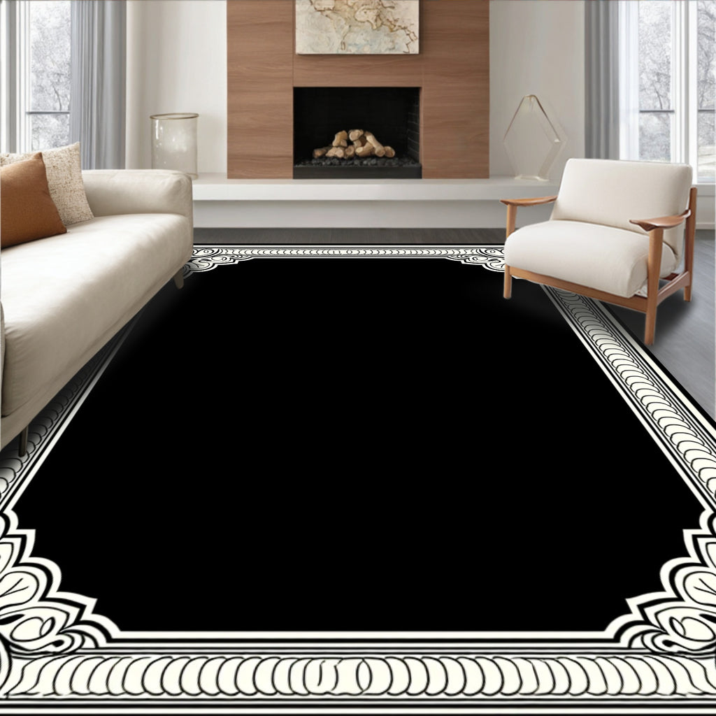 Ornate Abstract Black Cream Frame Rug