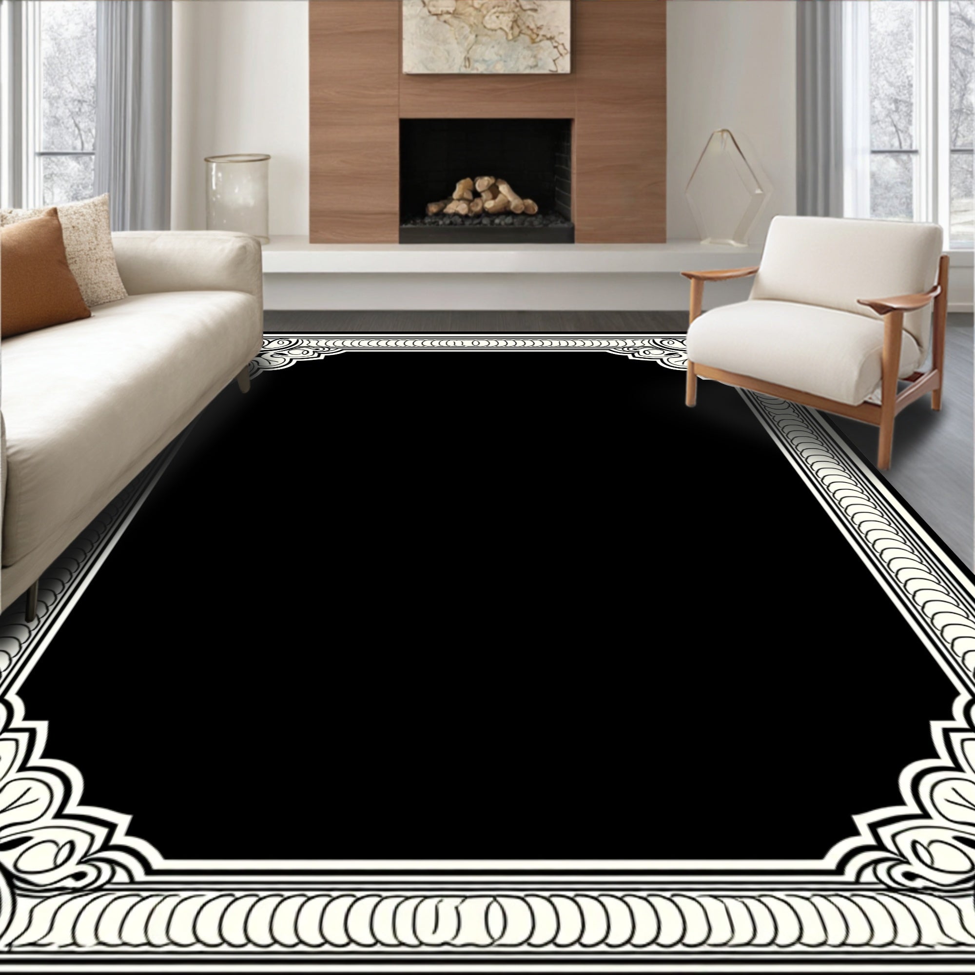 Ornate Abstract Black Cream Frame Rug