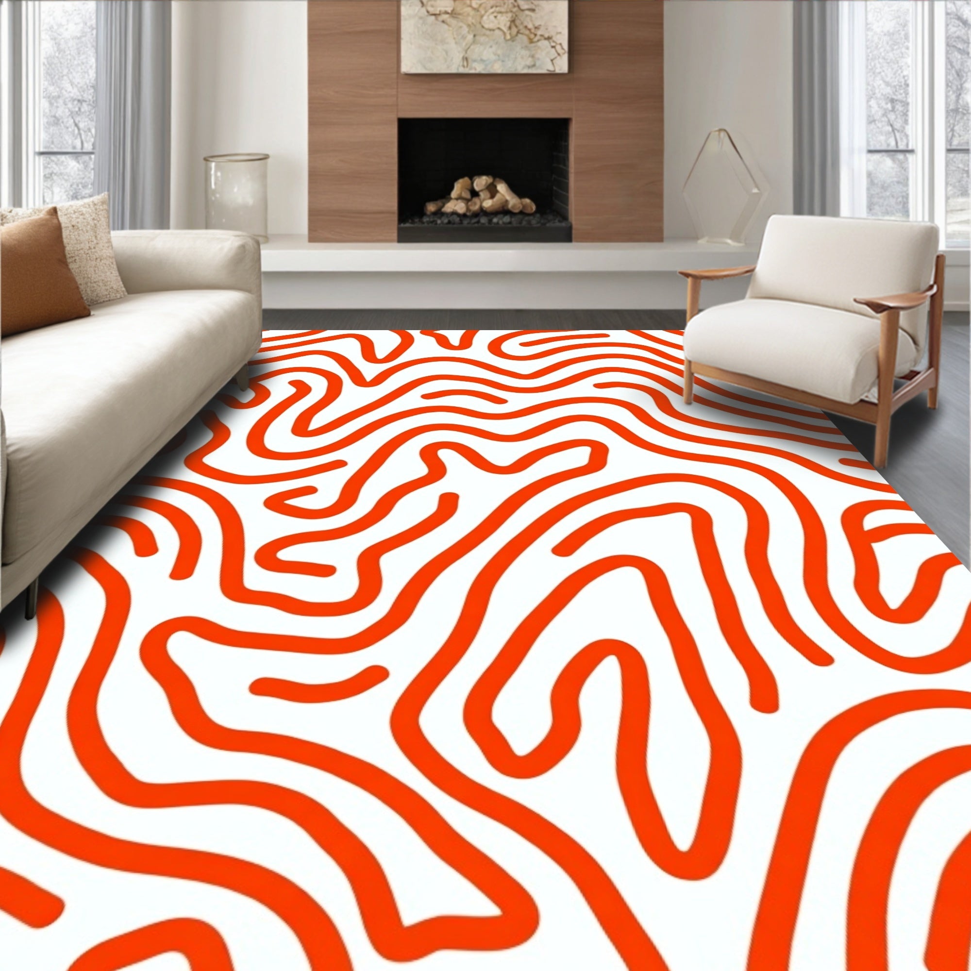 Bold Orange Wavy Labyrinth Design Rug