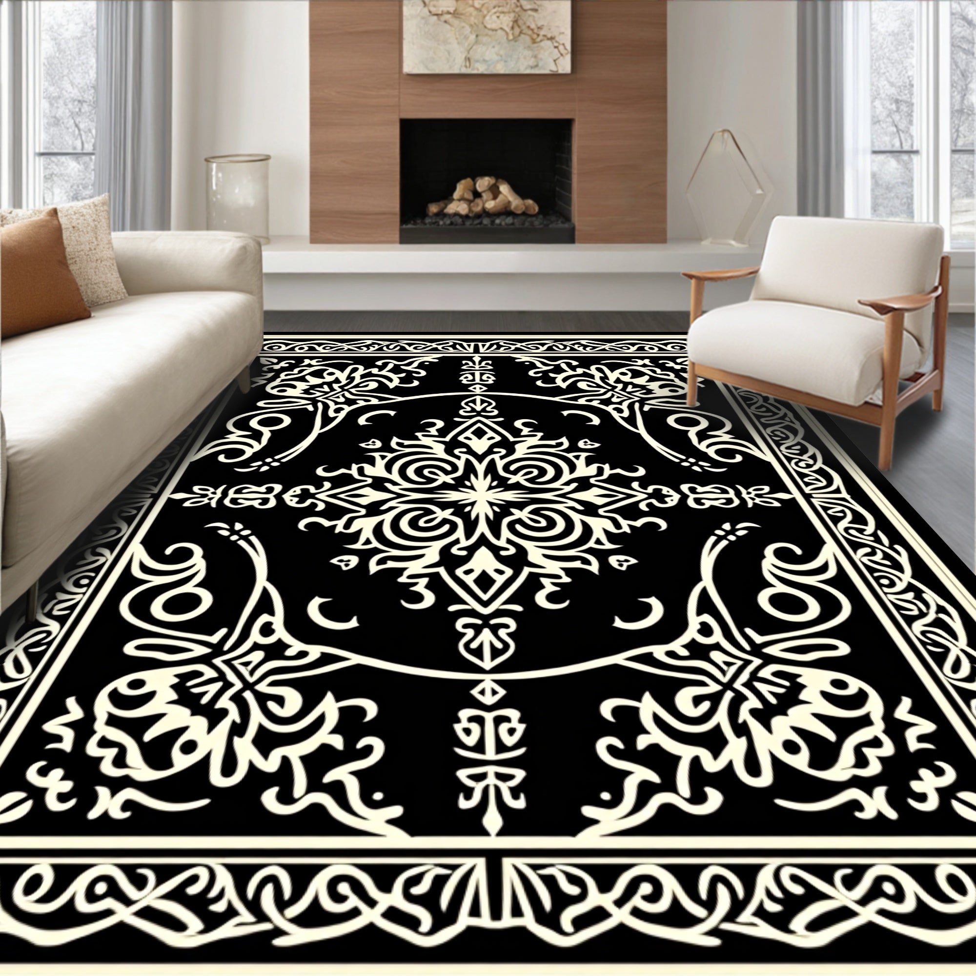 Elegant Black White Scroll Pattern Rug