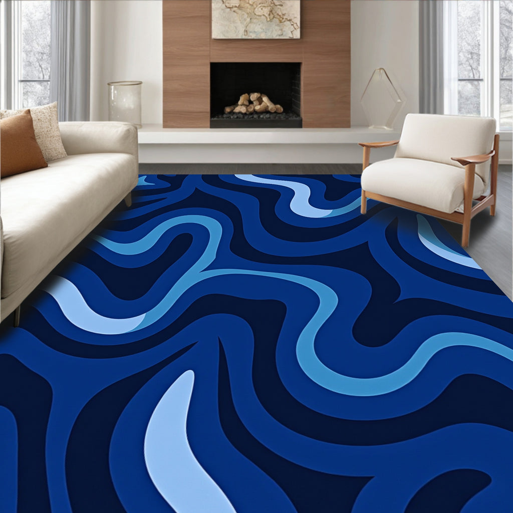 Abstract Blue Wave Pattern Rug