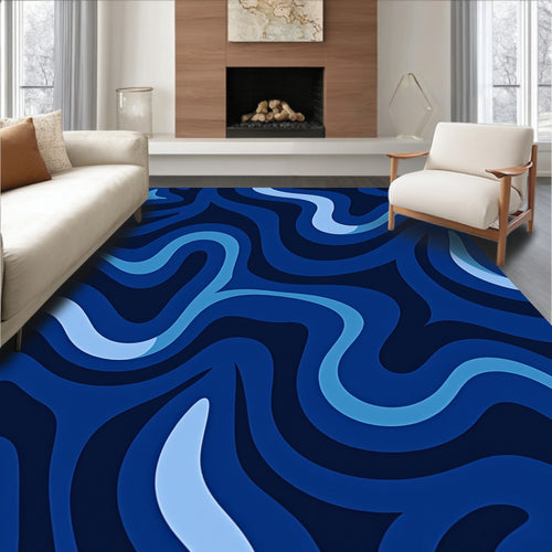 Abstract Blue Wave Pattern Rug