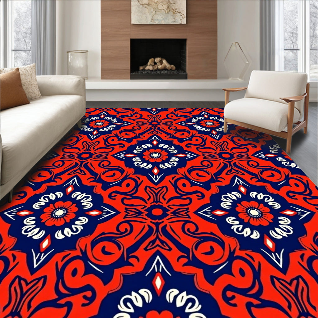 Intricate Red Blue Floral Medallion Design Rug
