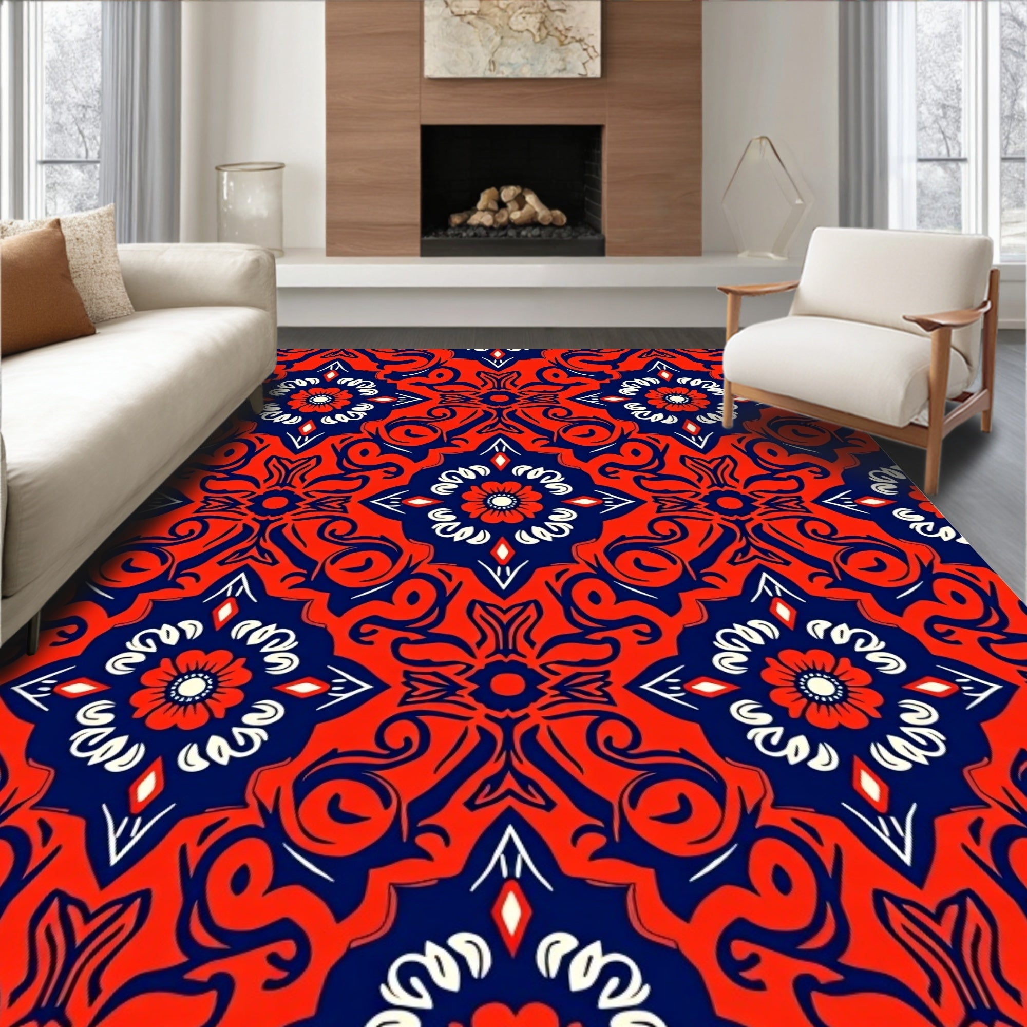 Intricate Red Blue Floral Medallion Design Rug