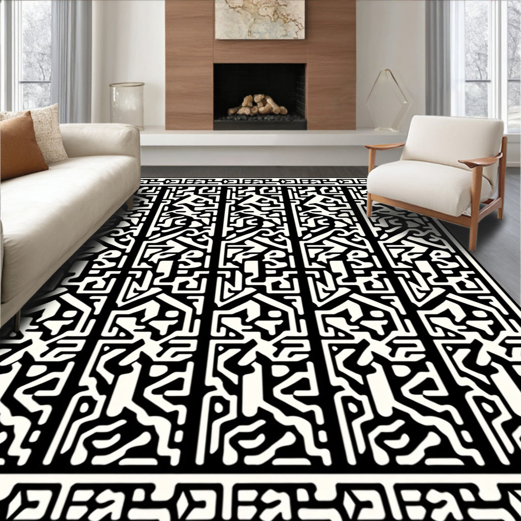 Tribal Black White Geometric Pattern Rug
