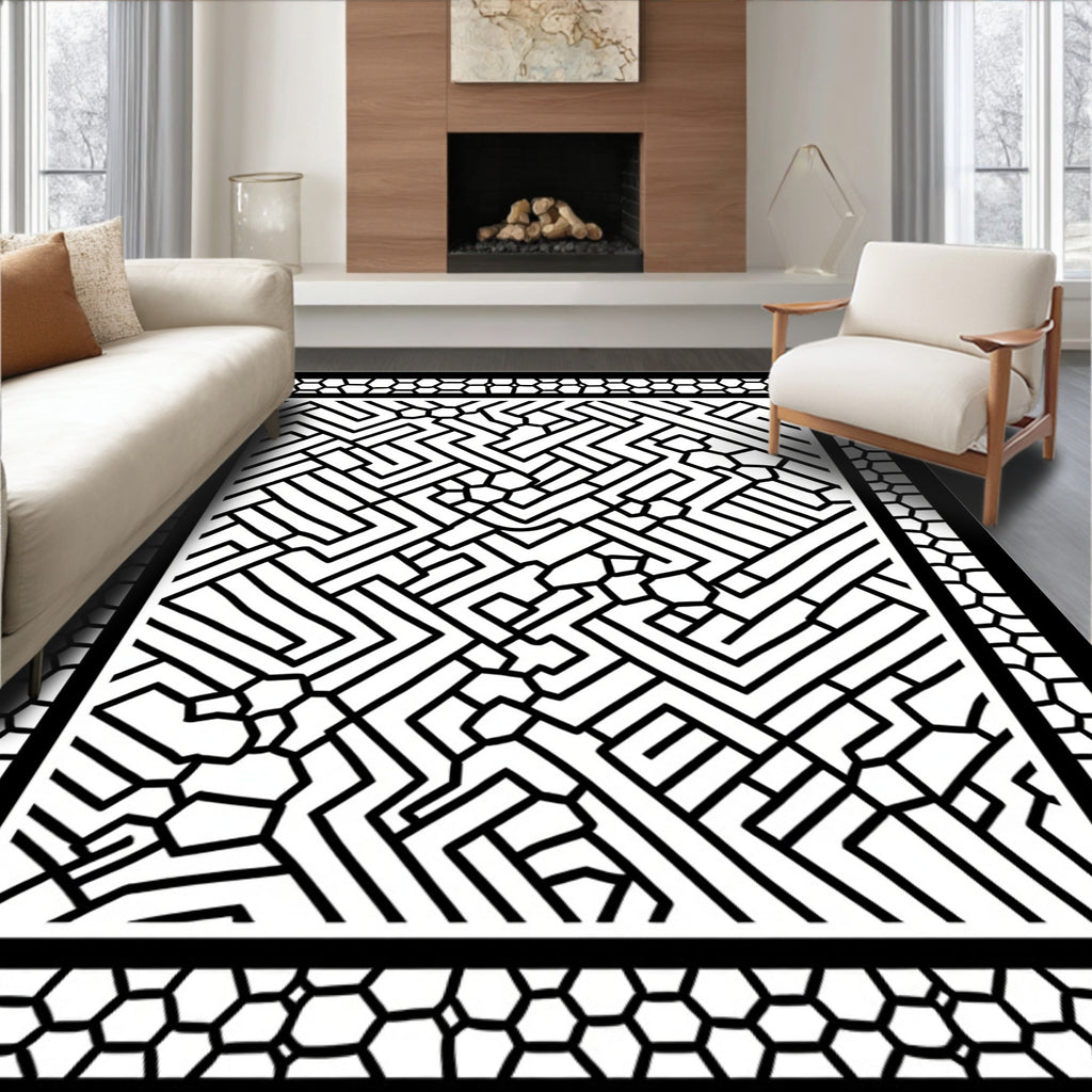 Abstract Black Geometric Maze Pattern Rug