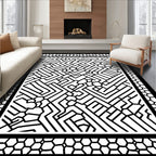 Abstract Black Geometric Maze Pattern Rug