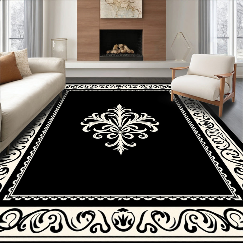 Elegant Black With Cream Scroll Scrollwork Rug