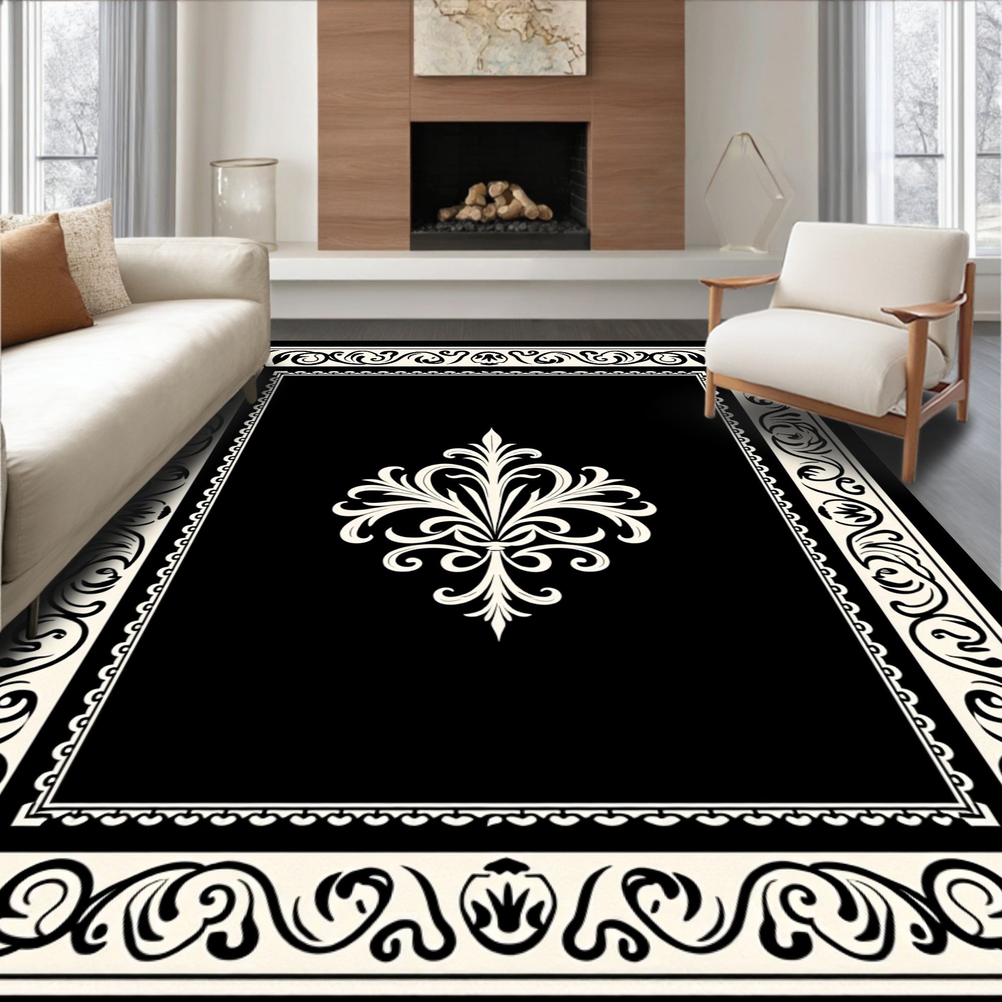 Elegant Black With Cream Scroll Scrollwork Rug