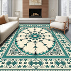 Teal Floral Medallion Cream Border Rug