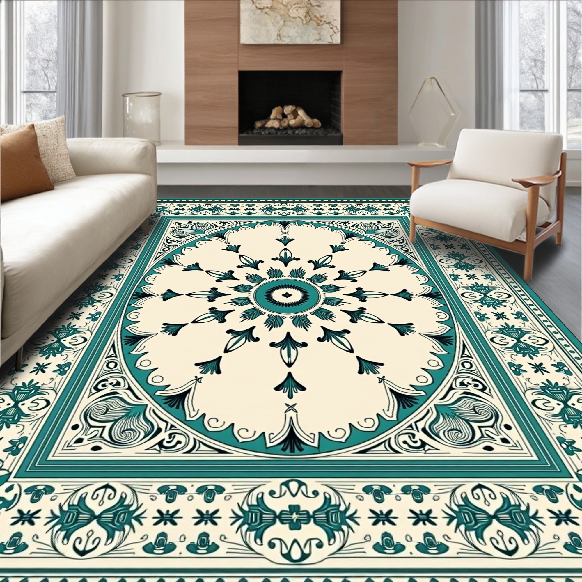 Teal Floral Medallion Cream Border Rug