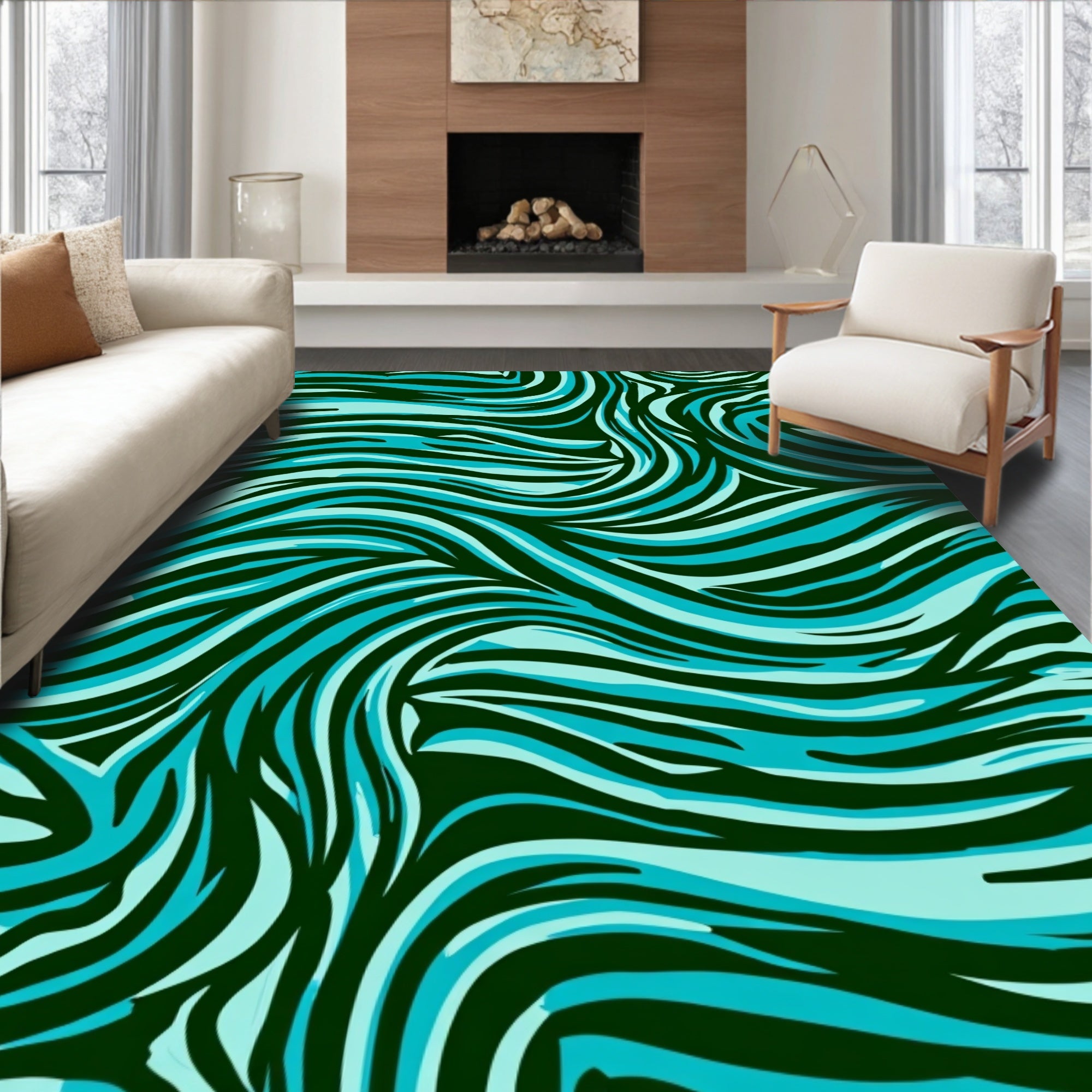 Cool Blue Wavy Zebra Striped Rug