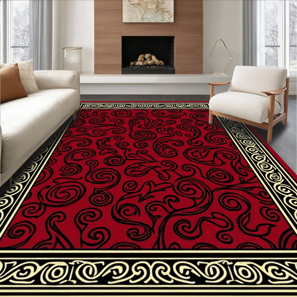 Rich Red and Gold Scrollwork Design Rug