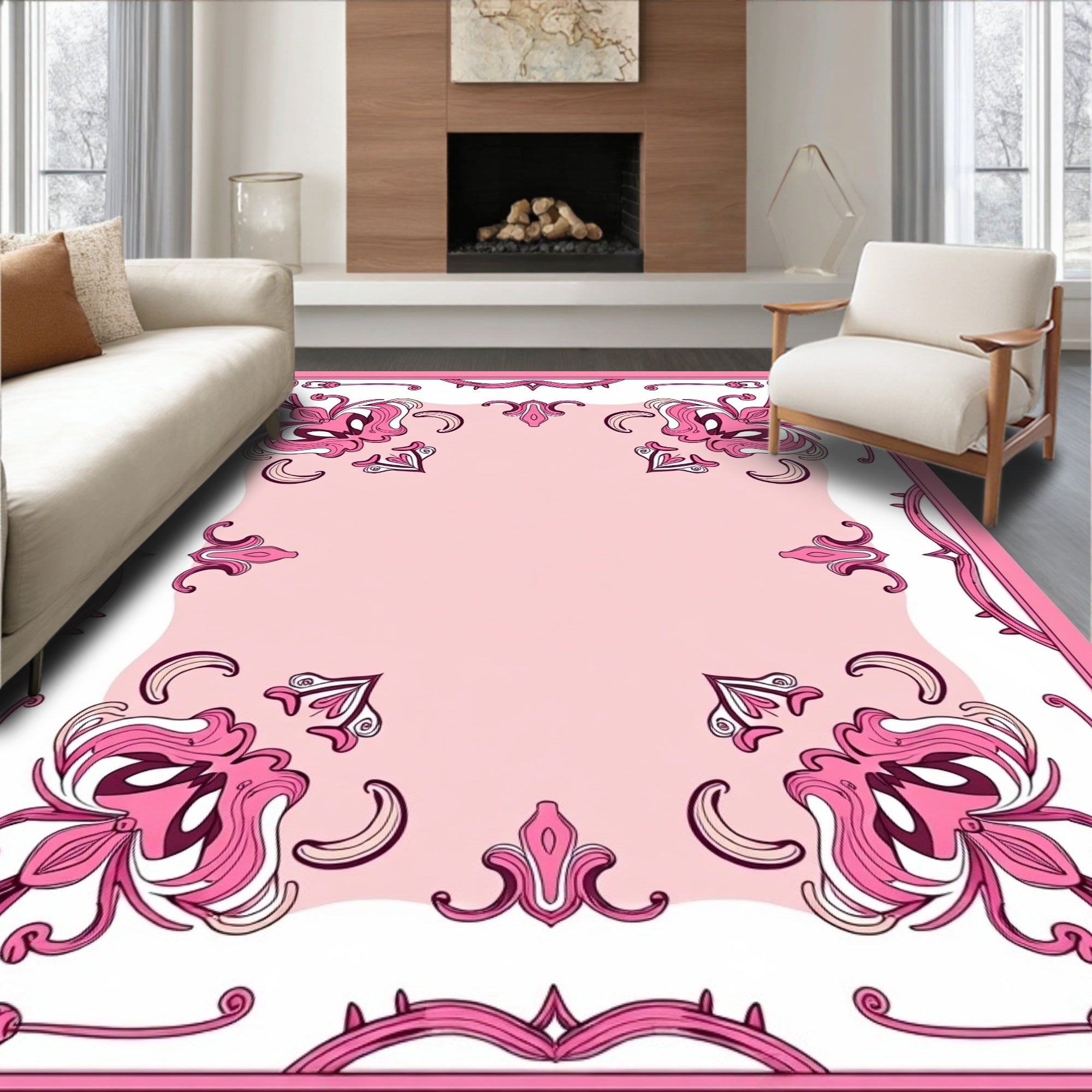 Pink Floral Scrolled Whimsical Design Rug