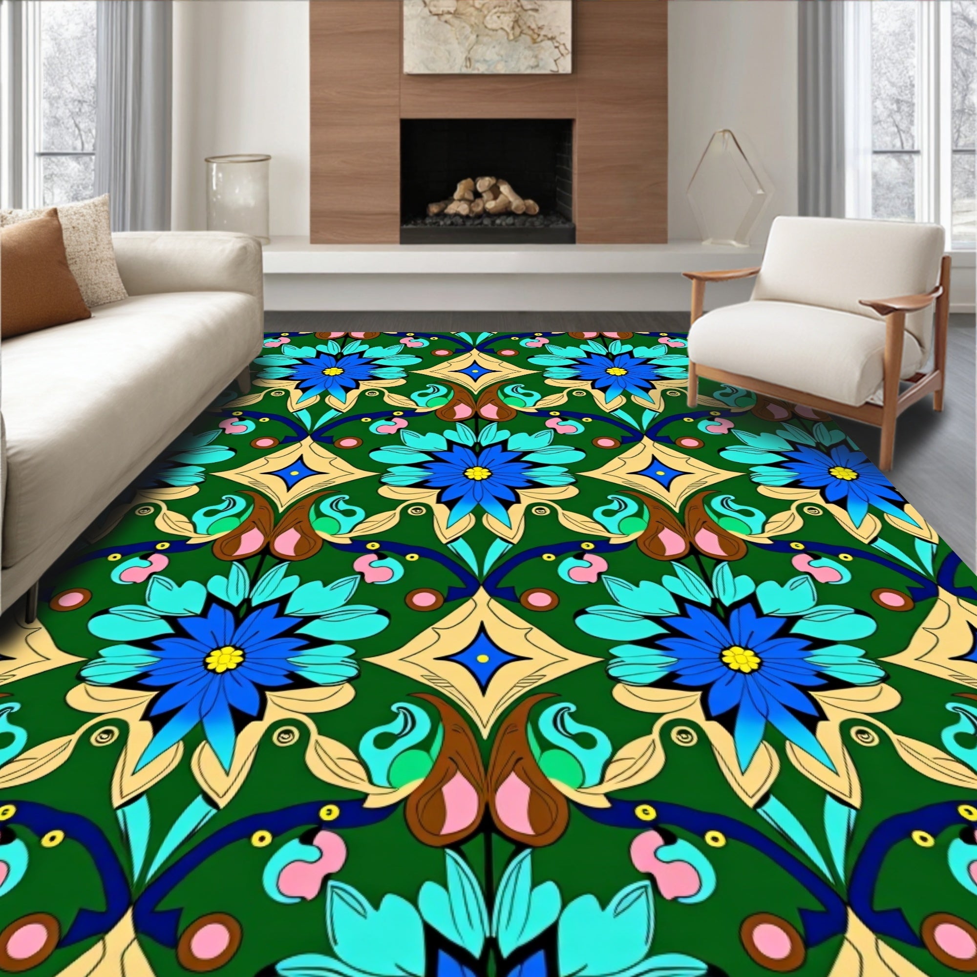 Emerald Green Blue Floral Peacock Medallion Rug