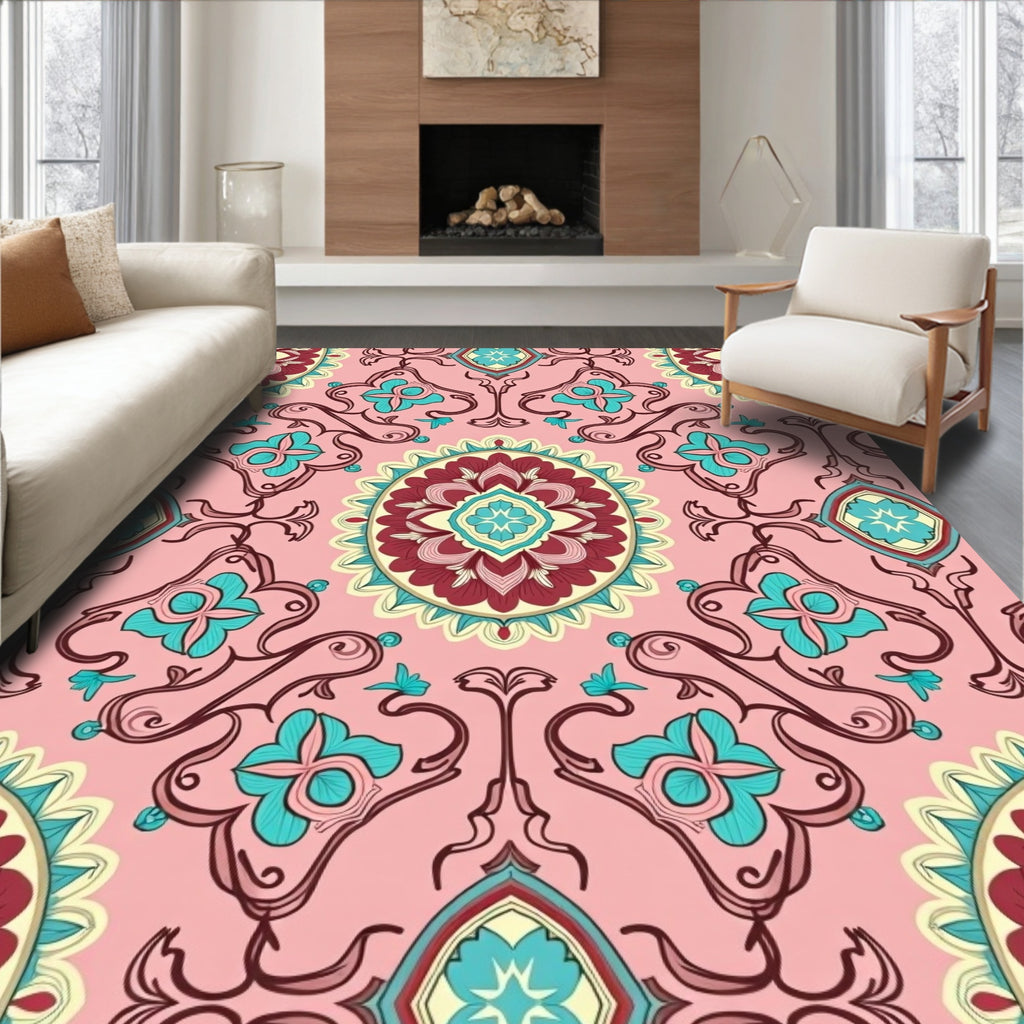 Ornate Floral Teal Medallion Style Rug