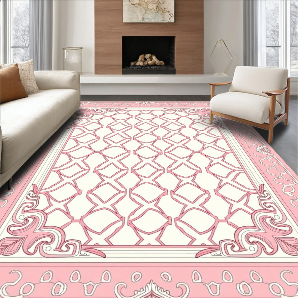 Pink White Ornate Lattice Design Rug