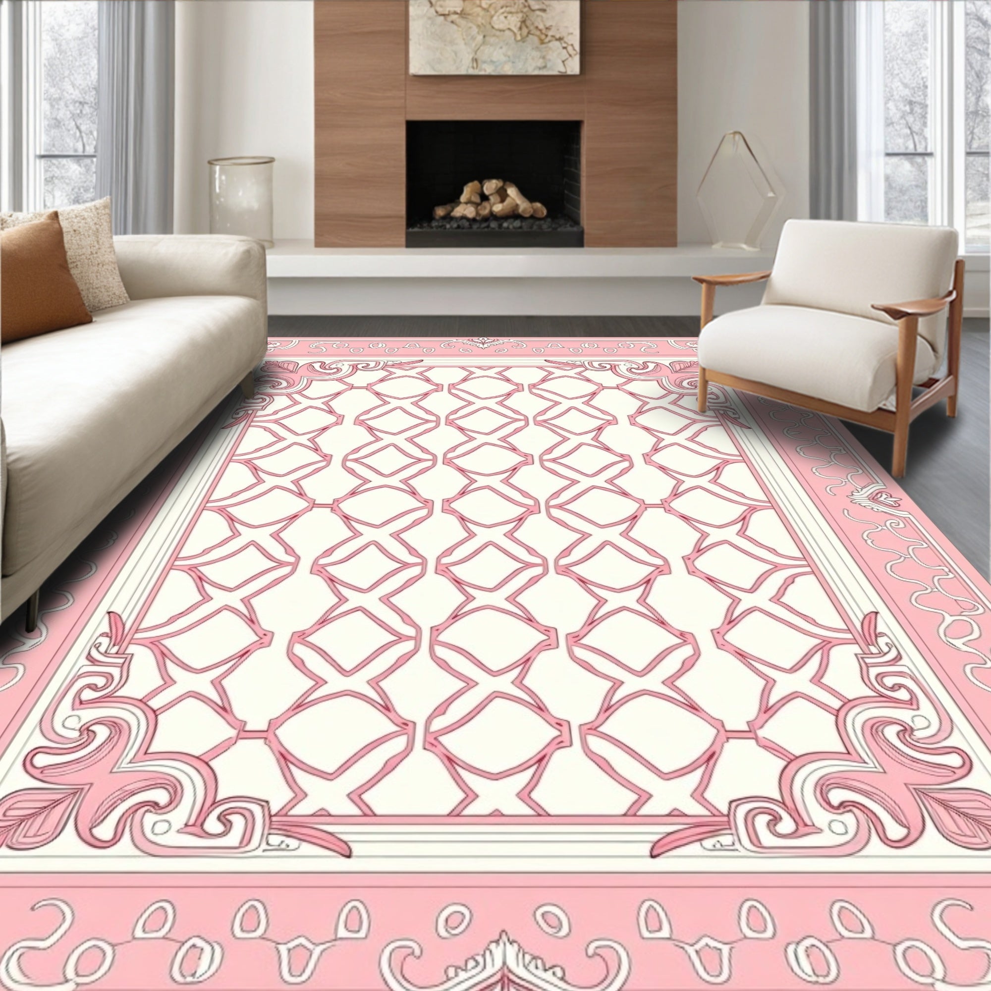 Pink White Ornate Lattice Design Rug