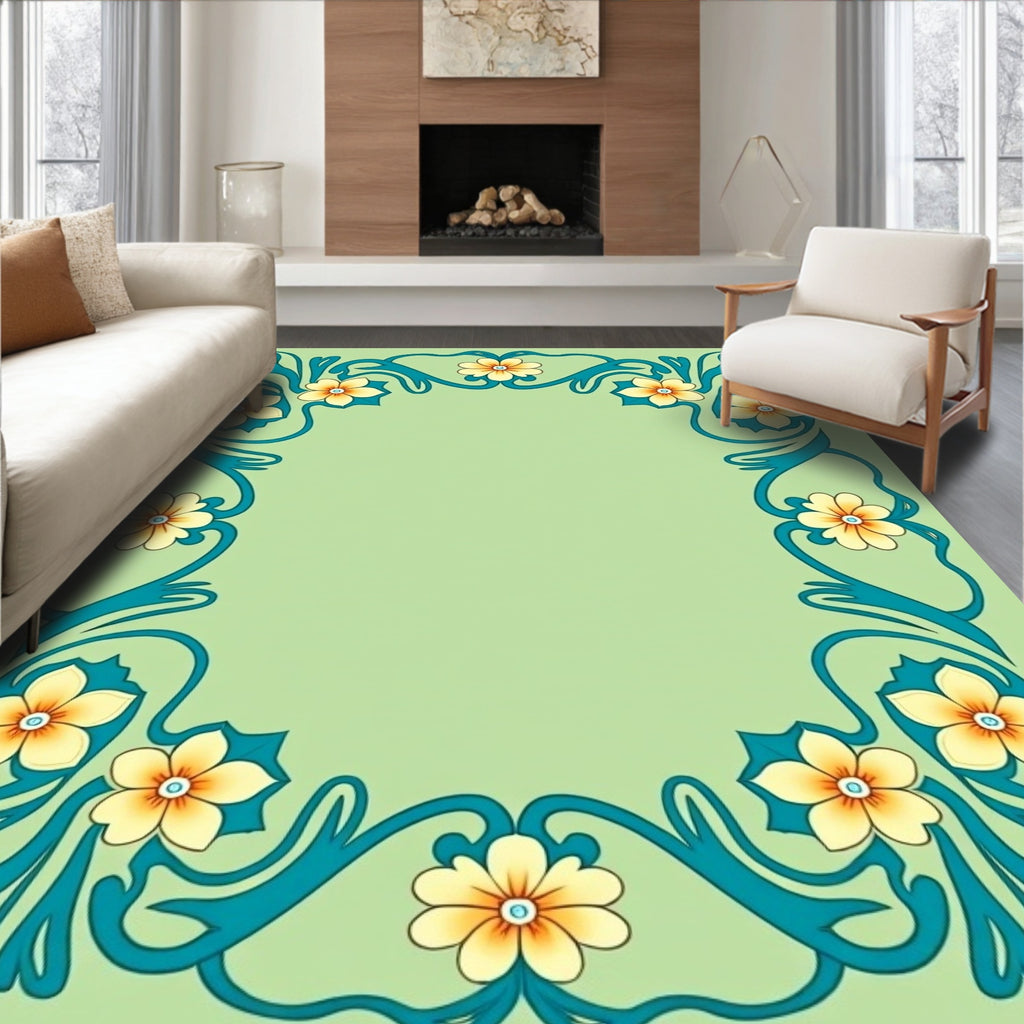 Floral Art Nouveau Teal Border Rug