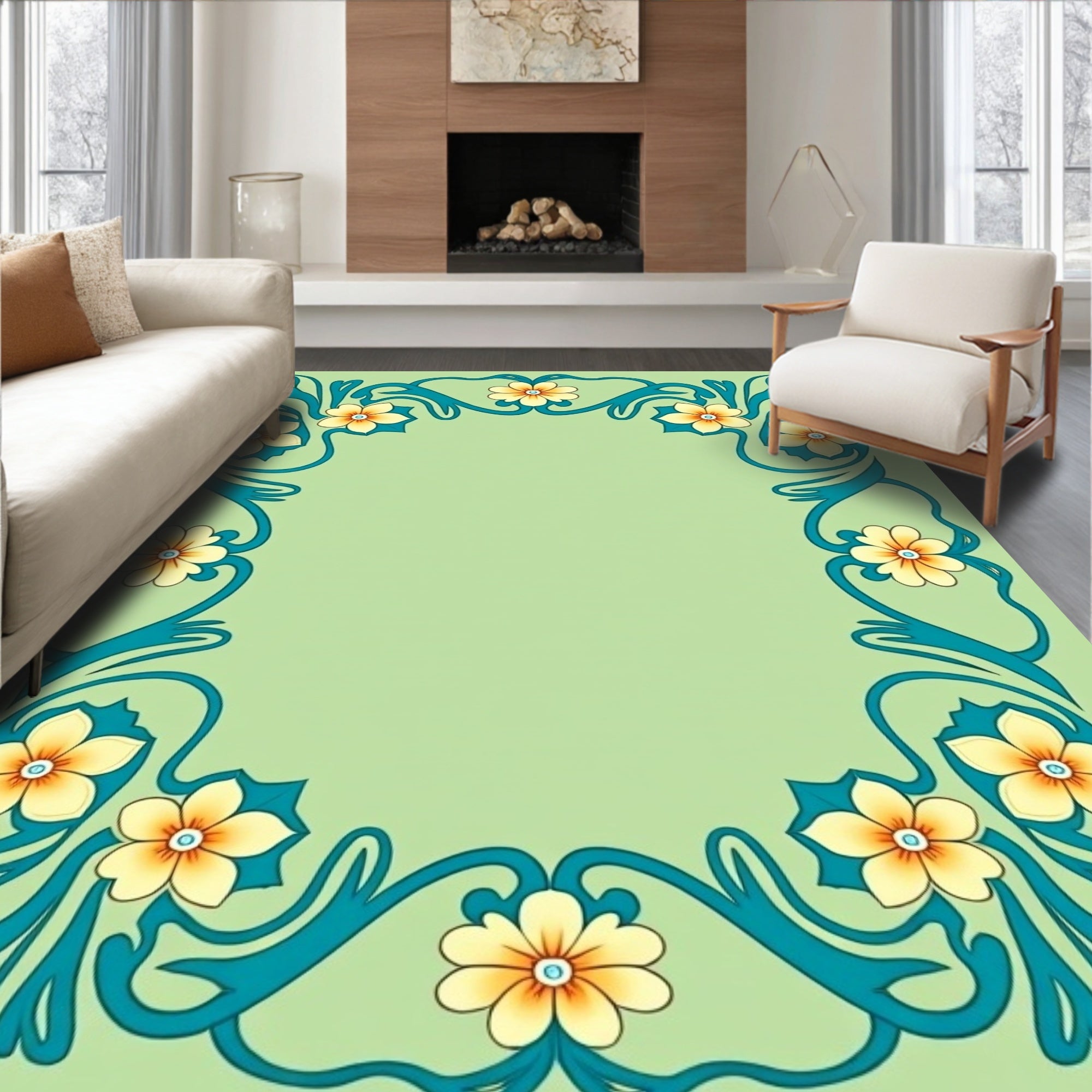 Floral Art Nouveau Teal Border Rug