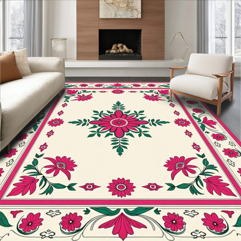 Crimson Floral Garland Border Rug