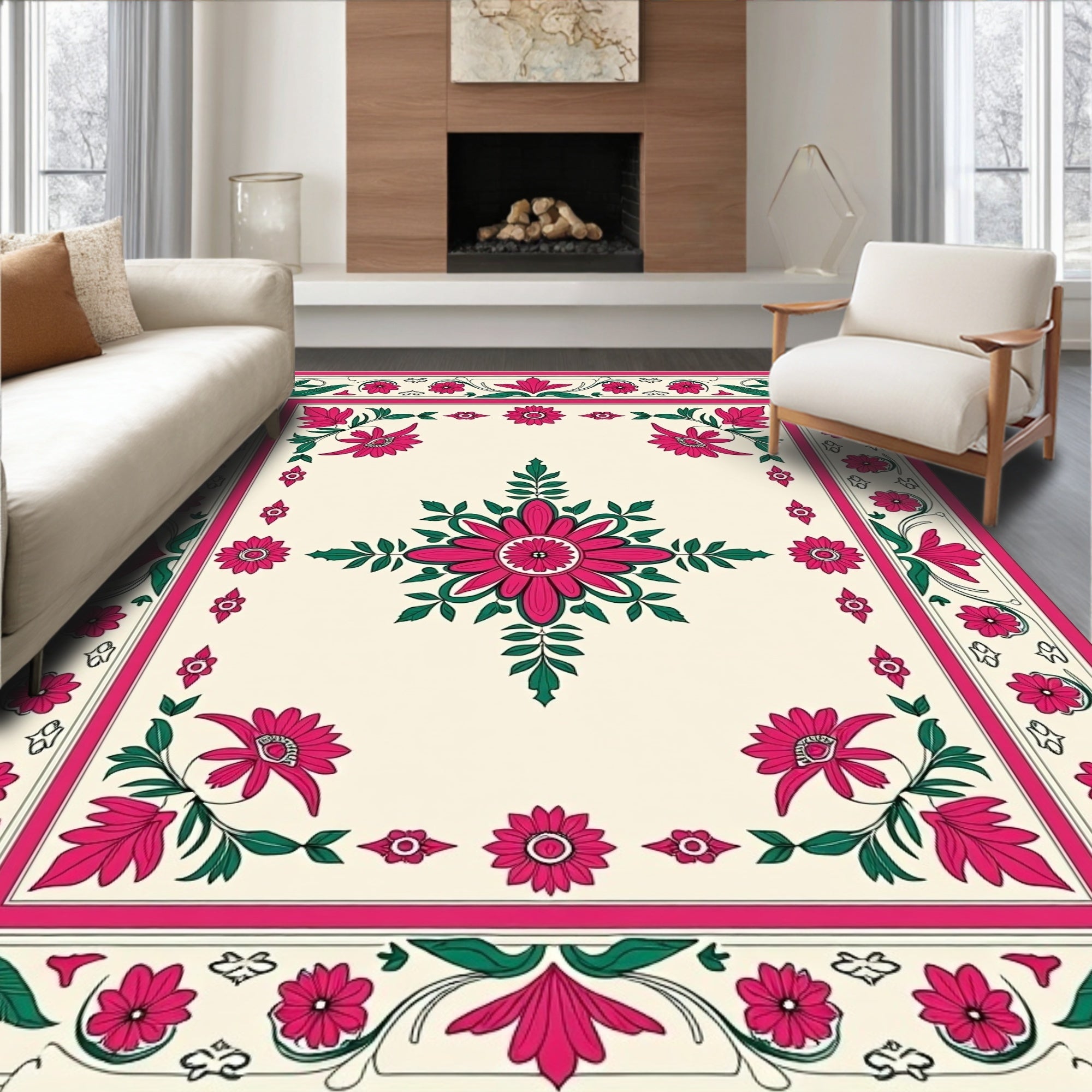 Crimson Floral Garland Border Rug