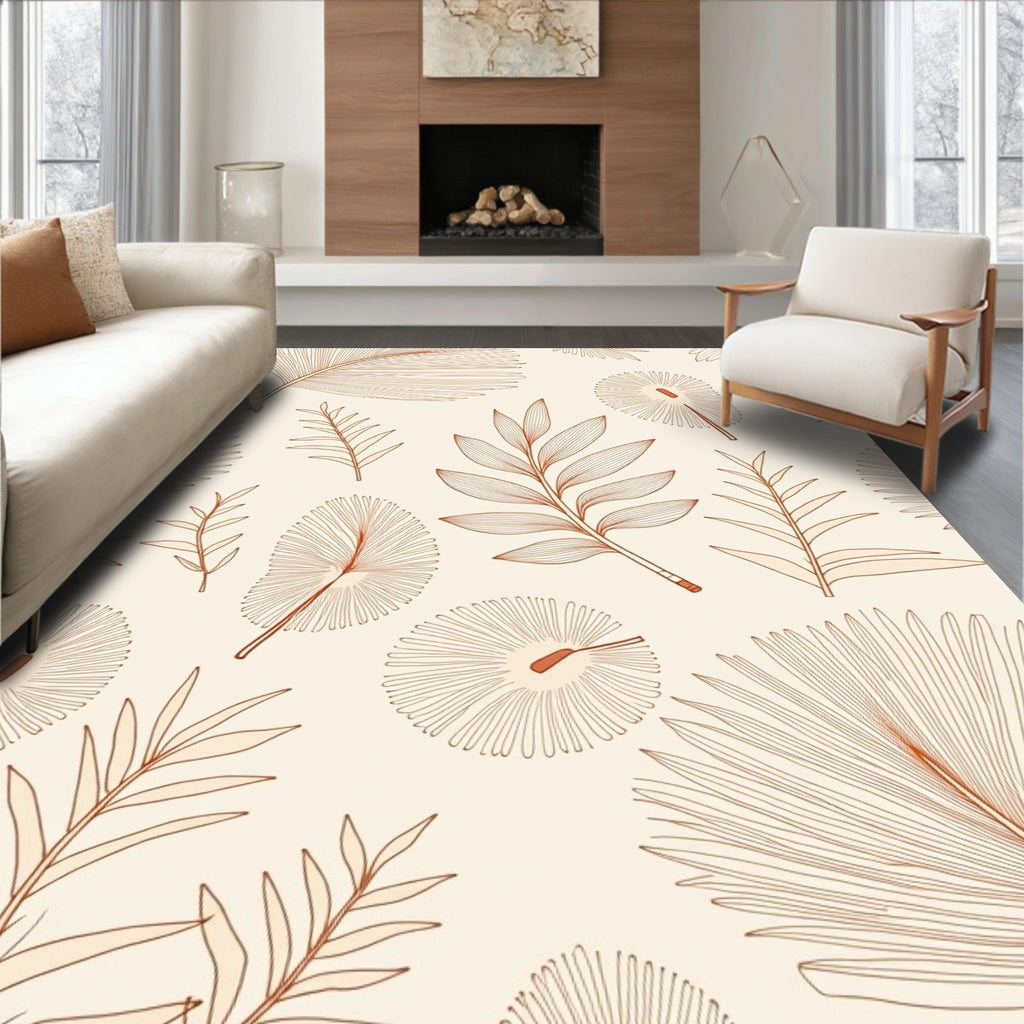 Botanical Line Art Tropical Leaf Pattern Rug