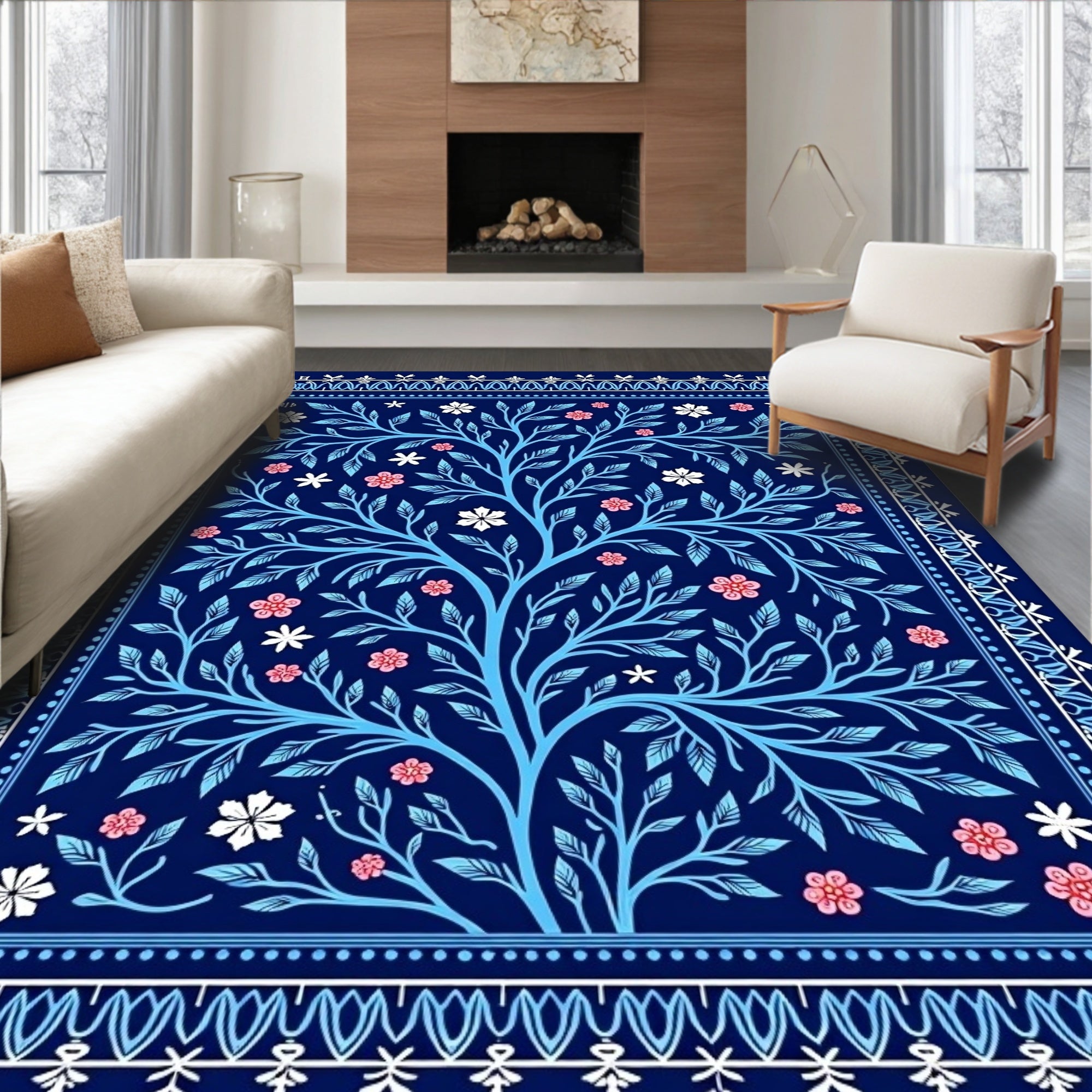 Bold Blue Tree of Life Floral Rug
