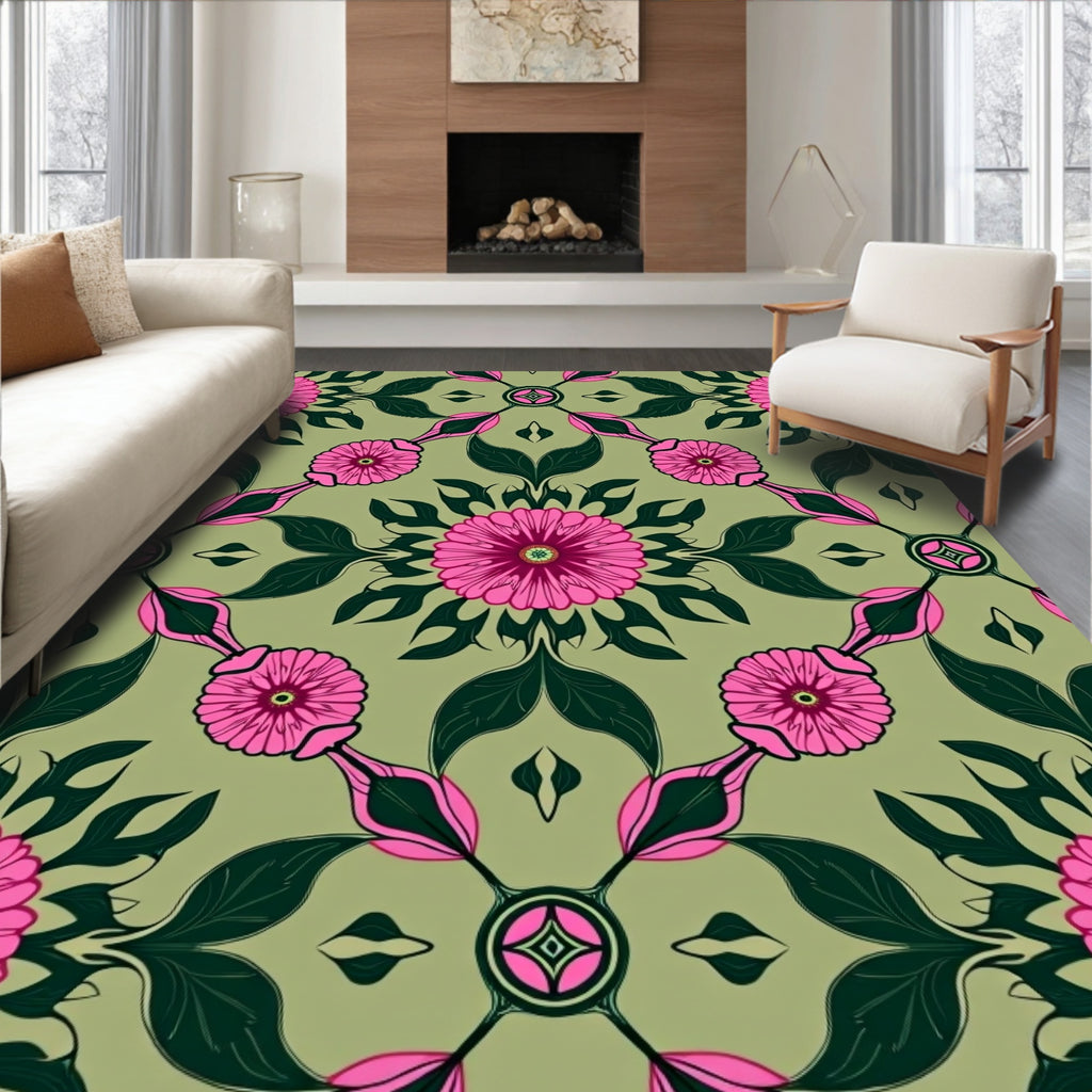 Vibrant Pink Floral Garden Pattern Rug