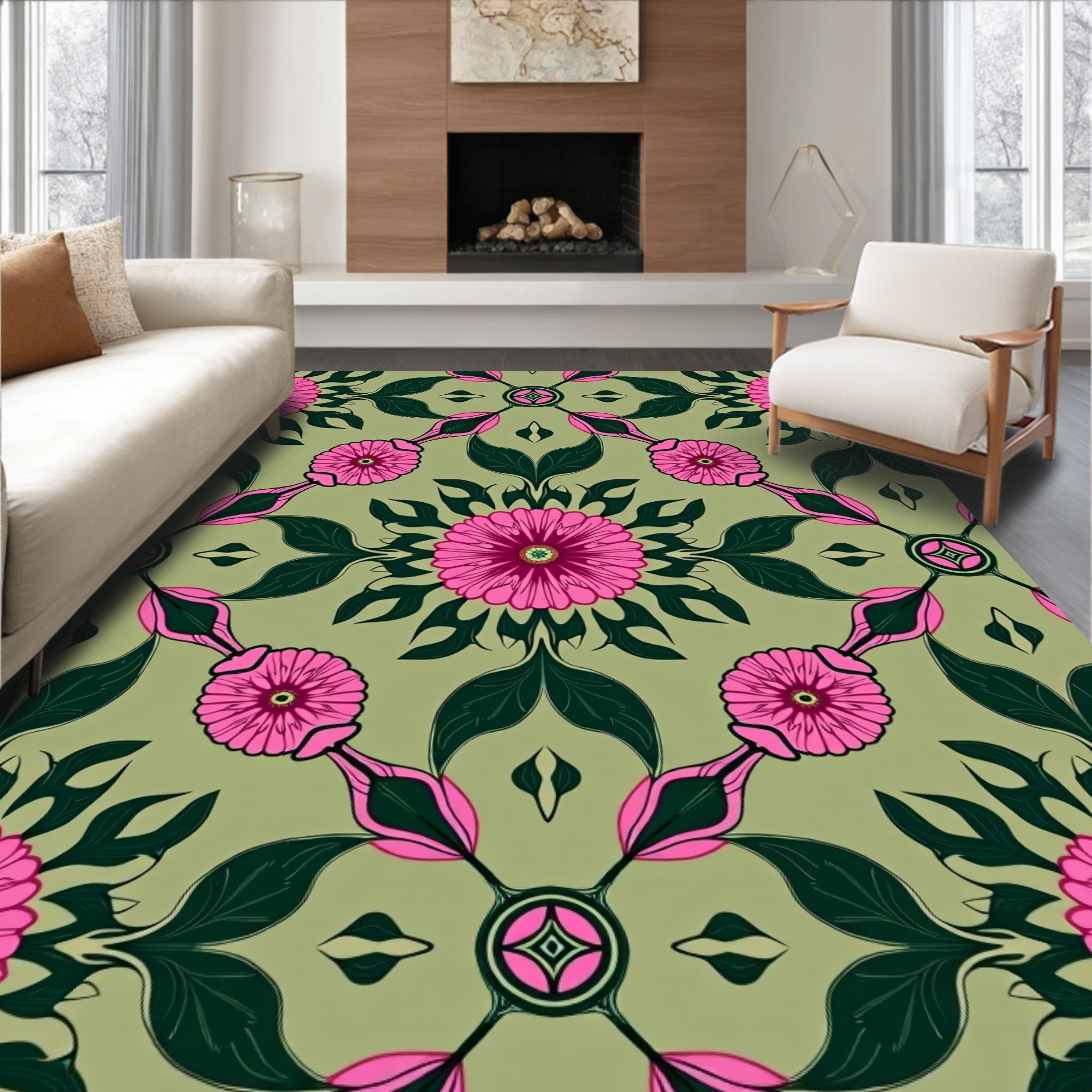 Vibrant Pink Floral Garden Pattern Rug